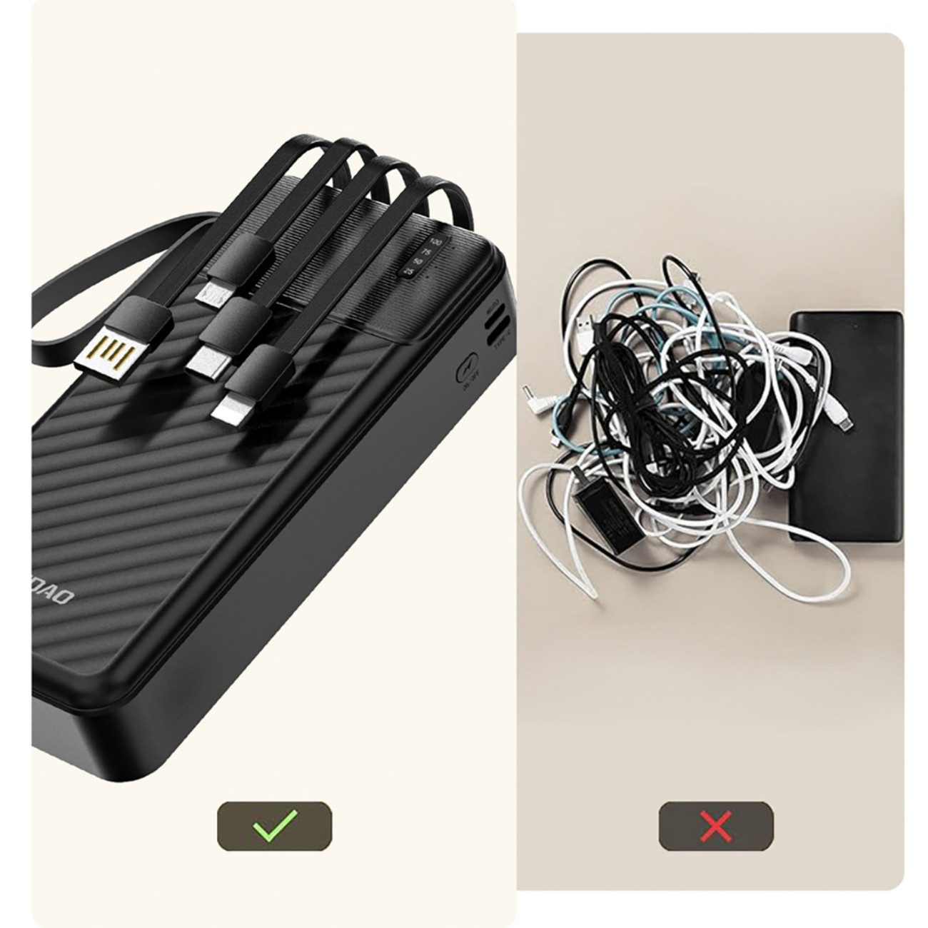 Dudao K11 PRO Powerbank 20000 mAh (5 V), 20000 mAh Powerbank mit 4 integrierten Kabeln