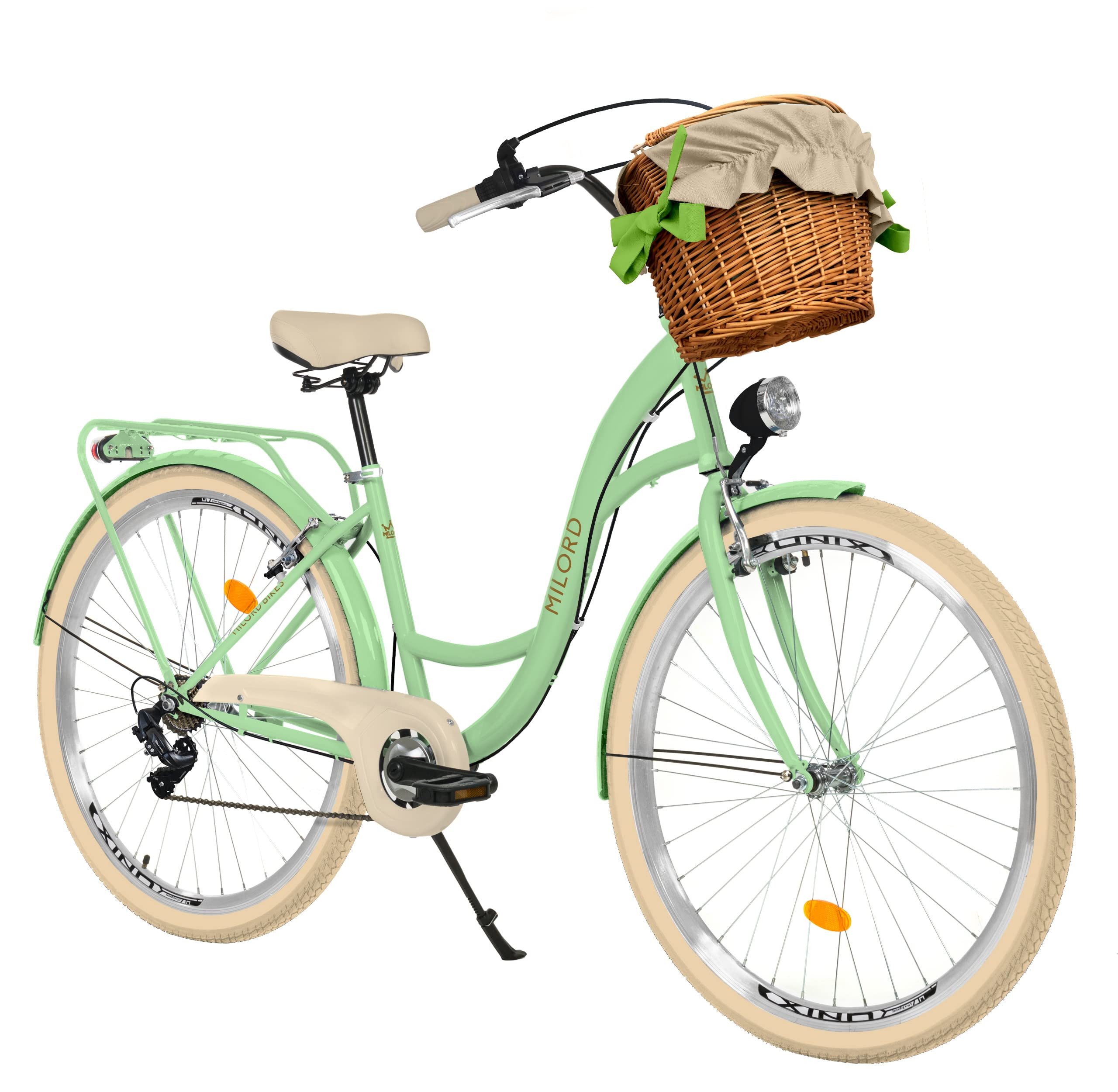 Milord Cityrad Milord City Damenfahrrad Weidenkorb 28/26 Zoll, Mintze-Creme, 7-Gang, 7 Gang, (Fahrradständer, Gepäckträger, Klingel, Korb, Kotflügel)
