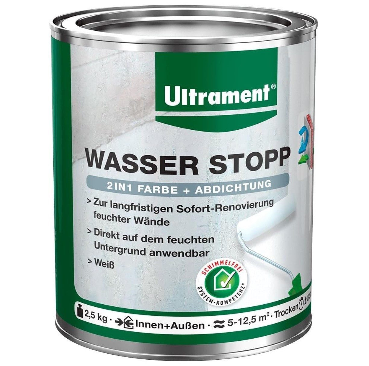 Ultrament Fugenmörtel ULTRAMENT Wasser Stopp, 2in1 - Farbe und Abdichtung, weiß, 2,5 Kg