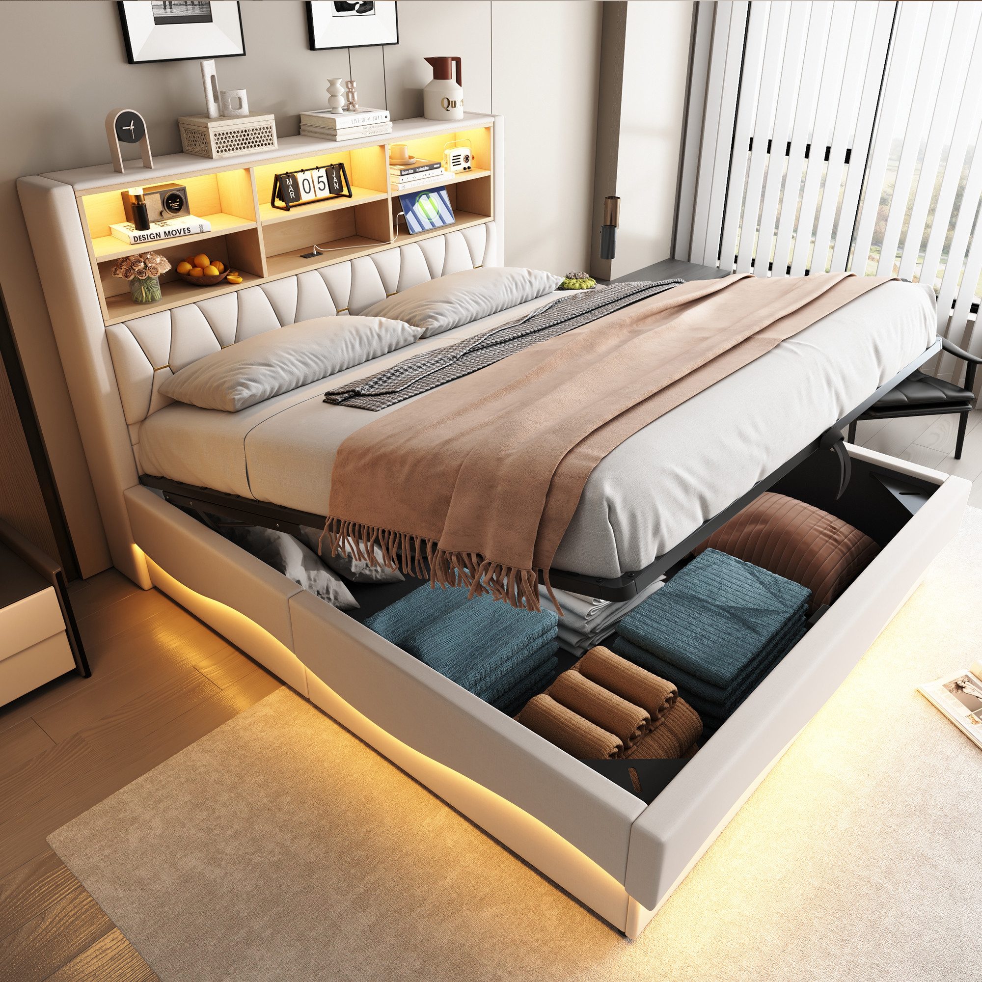 i@home Stauraumbett Doppelbett, Polsterbett Kinderbett 180×200  mit hydraulischem Stauraum (1-tlg), Mit LED-Beleuchtung und Anschluss, mit gepolsterter Rückenlehne, Beige