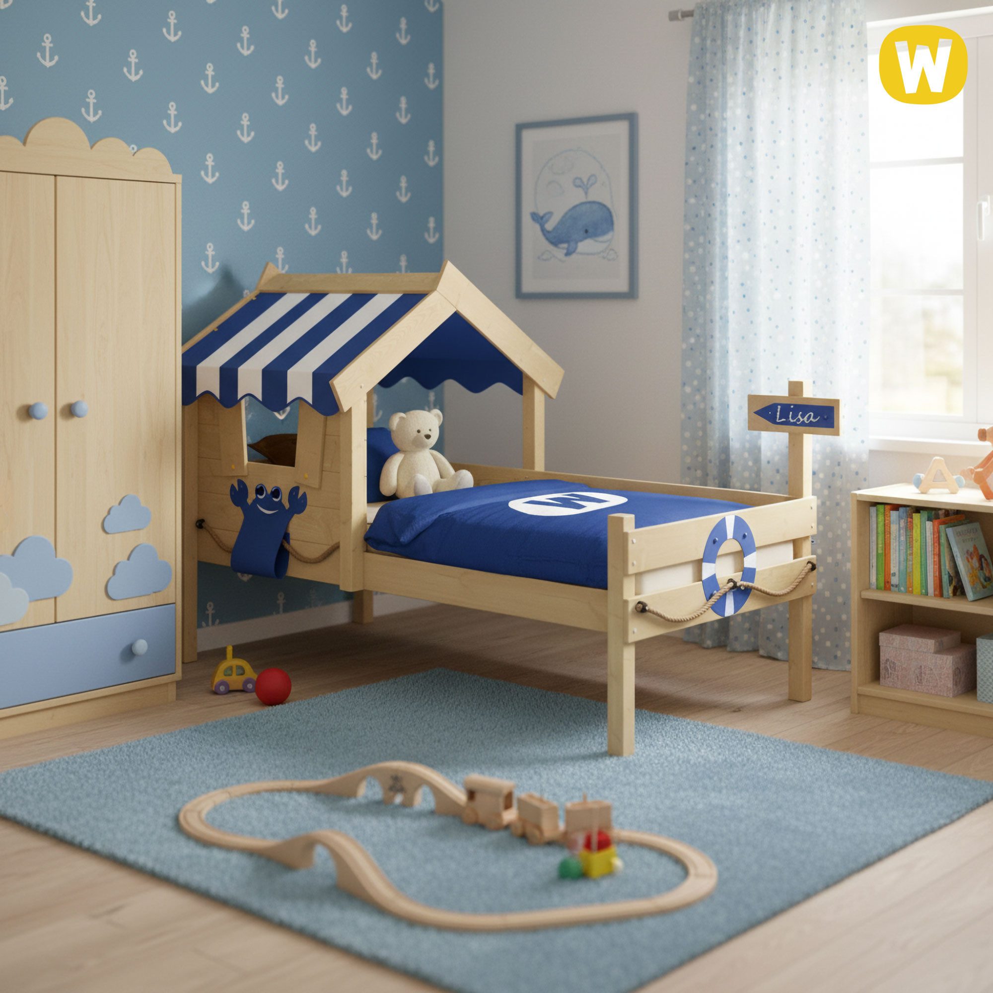 Wickey Kinderbett Crazy Sharky - Spielbett 90x200 aus Massivholz mit Dach & Fenster (Set, naturbelassene Optik & stabile Konstruktion), Platzsparendes Kinderbett mit Wegweiser