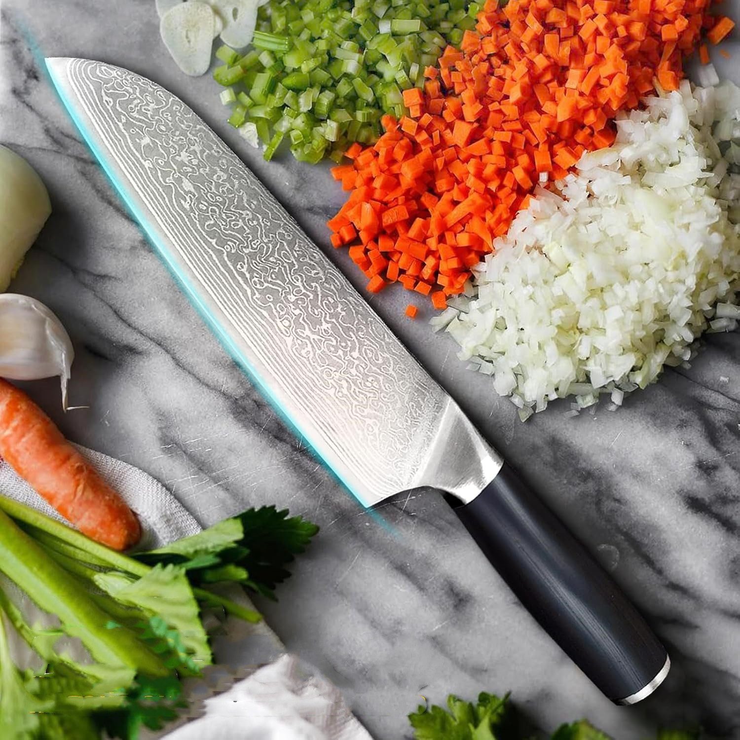 KingLux Damastmesser Santokumesser Damast Küchenmesser Für Fleisch, Gemüse Und Fisch
