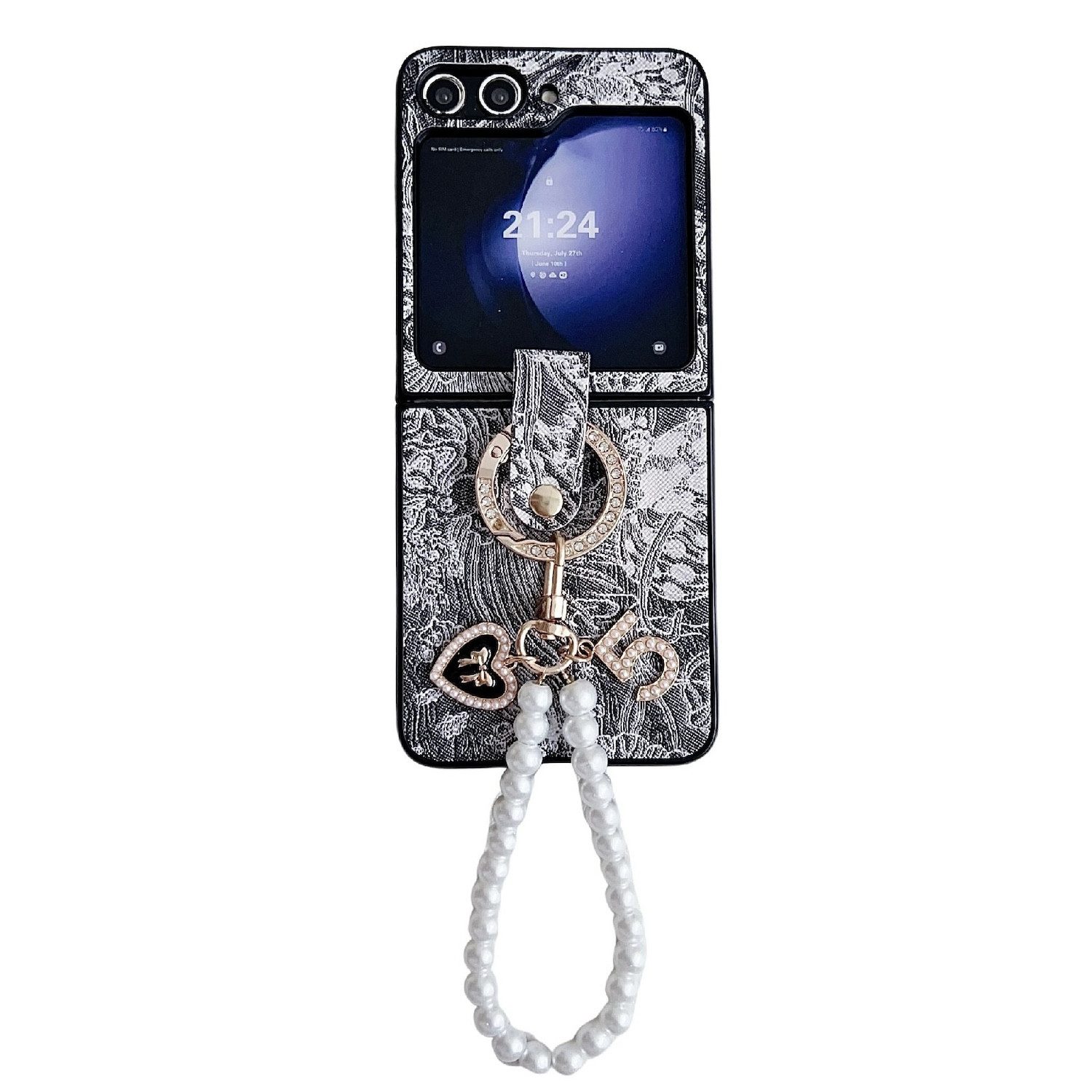 Wigento Handyhülle Für Samsung Galaxy Z Flip7 FE / Flip6 5G Stick Hülle Ringperlenkette