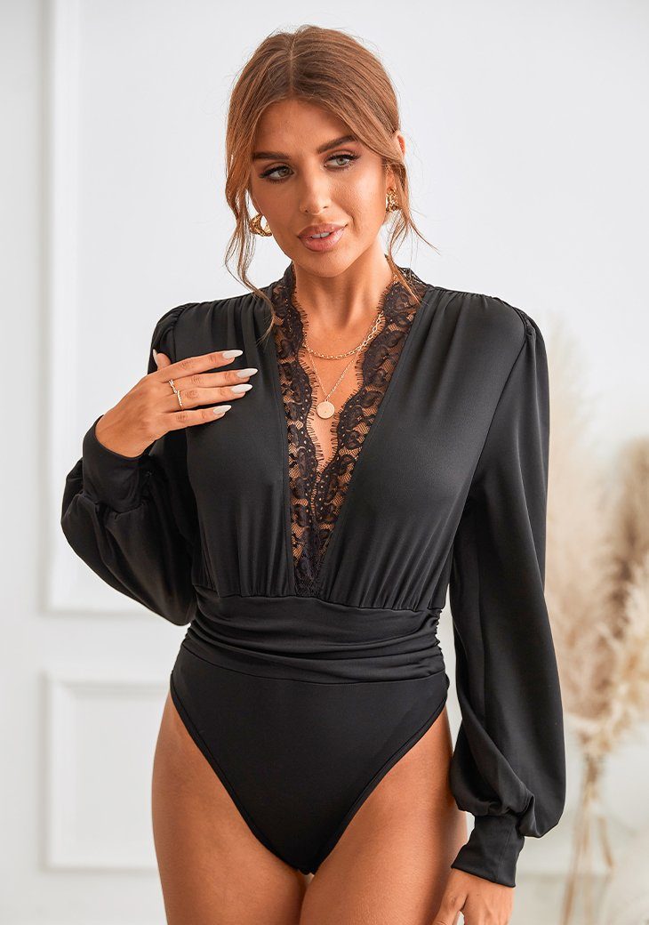 Cupshe Blusenbody Langärmliger Bodysuit mit tiefem V-Ausschnitt und Spitze