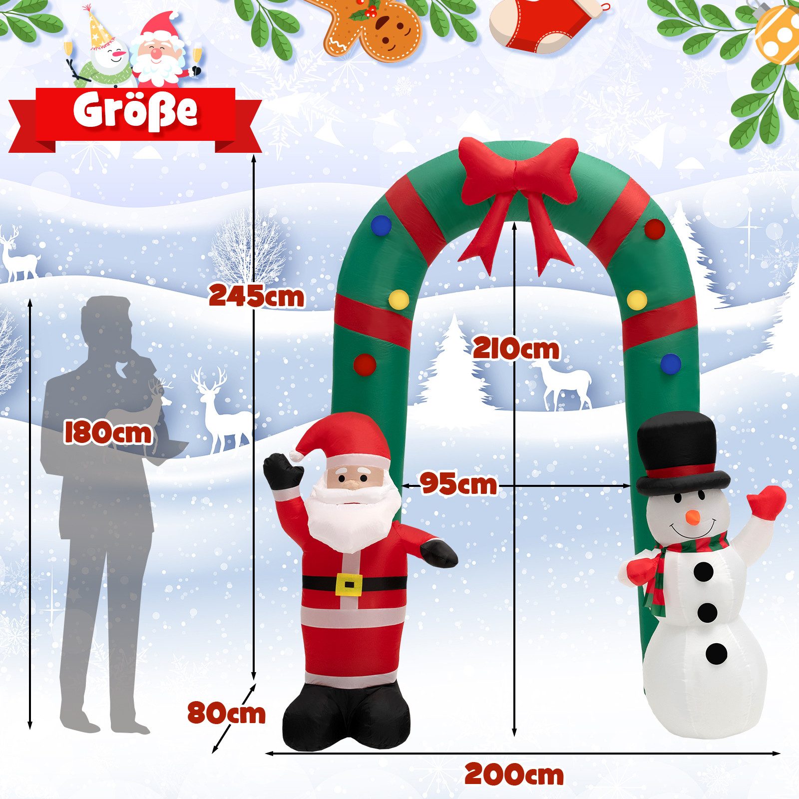 COSTWAY Weihnachtsfigur (1 St), aufblasbare Torbogen, Weihnachtsmann, mit LED, Gebläse, 245cm