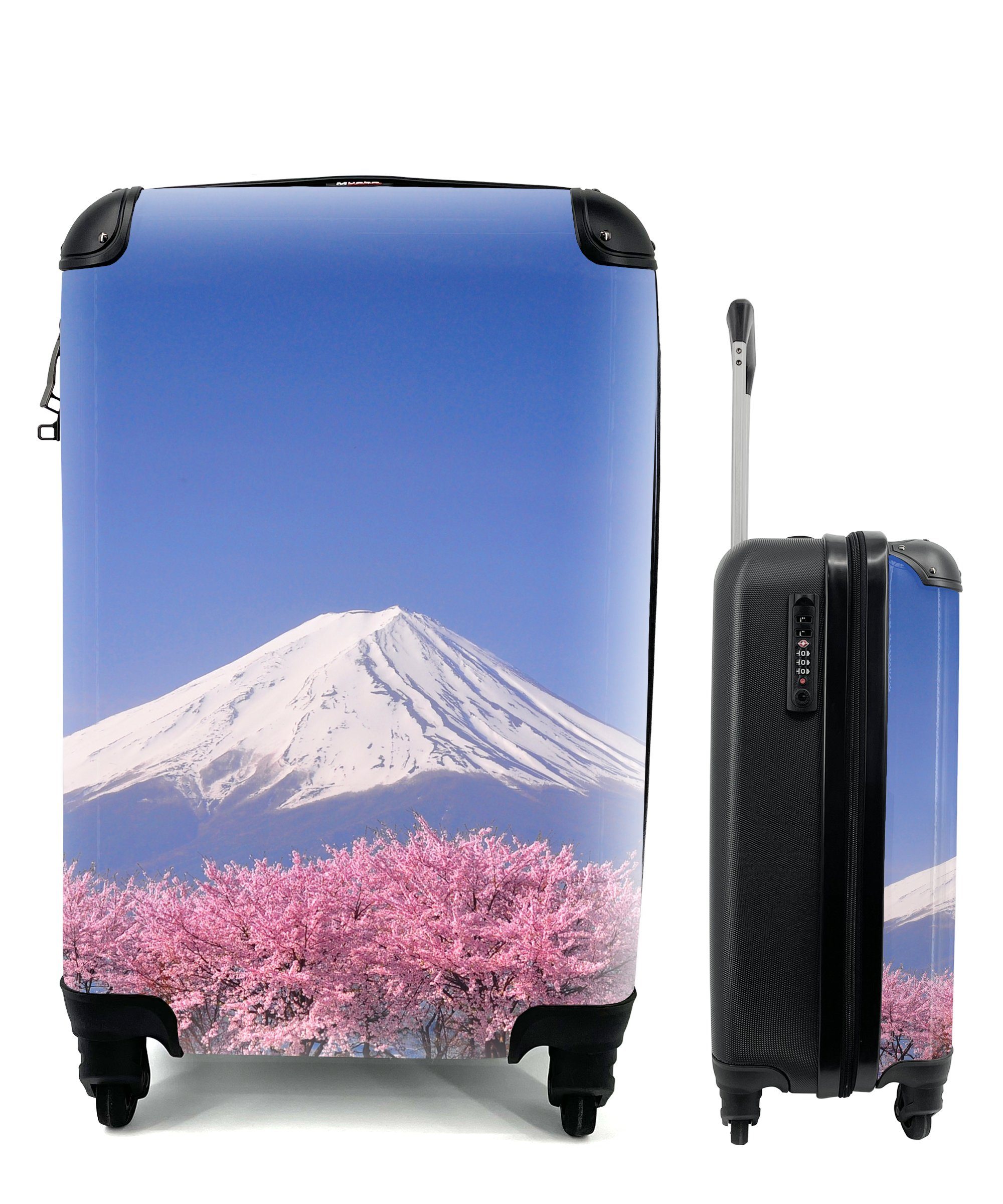 MuchoWow Handgepäckkoffer Fuji in Asien mit Kirschblüten im Vordergrund, 4 Rollen, Reisetasche mit rollen, Handgepäck für Ferien, Trolley, Reisekoffer