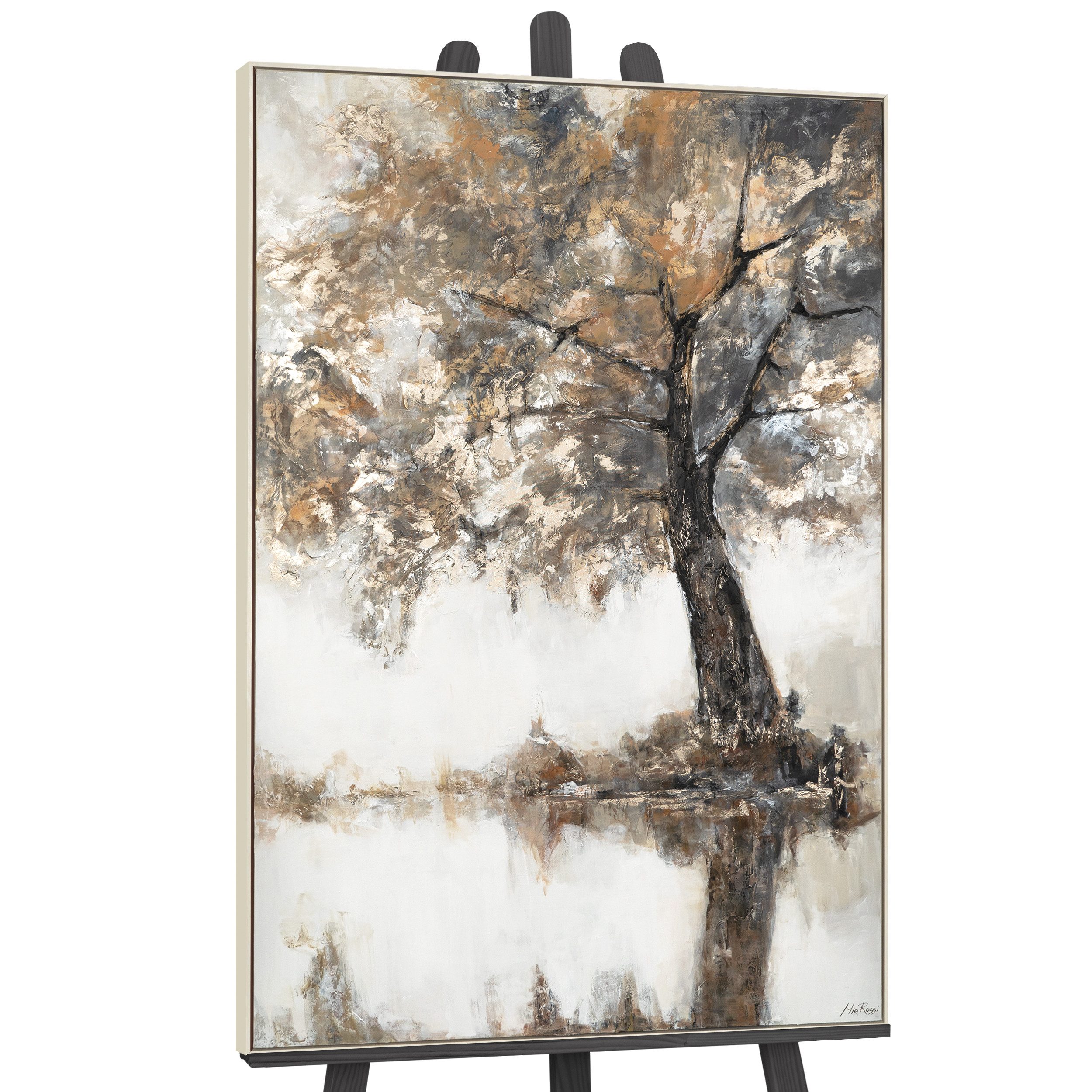 YS-Art Gemälde Lyrischer Baum, Landschaft, Leinwandbild Lebensbaum in der stillen Ruhe gerahmt