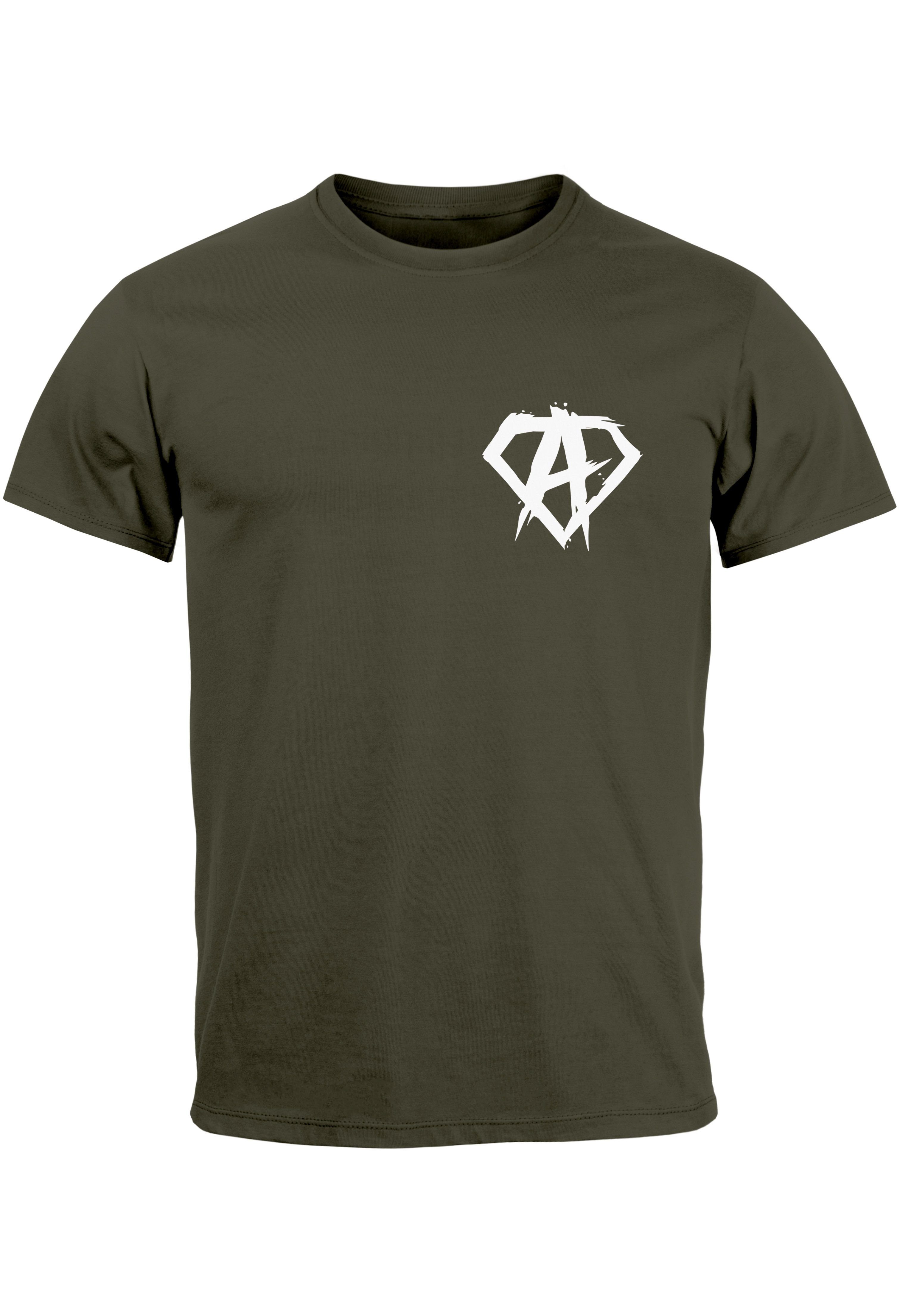 Neverless Print-Shirt Herren T-Shirt Print Aufdruck Alpha Superhero Gym Anarchy Badge Logo F mit Print army