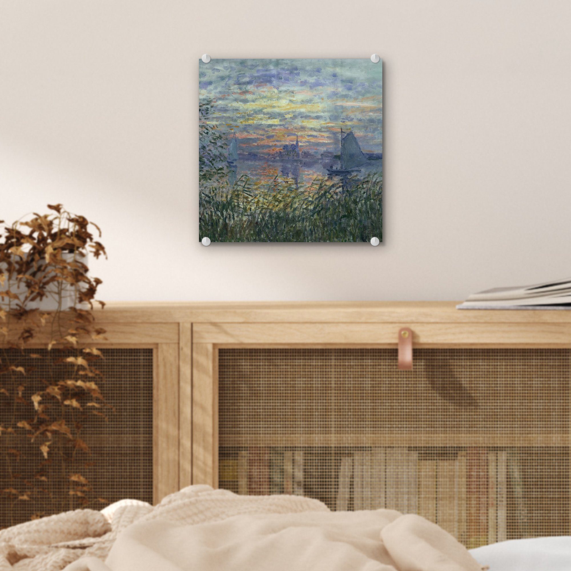 MuchoWow Acrylglasbild Sonnenuntergang an der Glas - auf Glas (1 Seine Claude - St), Glasbilder Foto Wandbild Wanddekoration - auf Bilder Monet, 