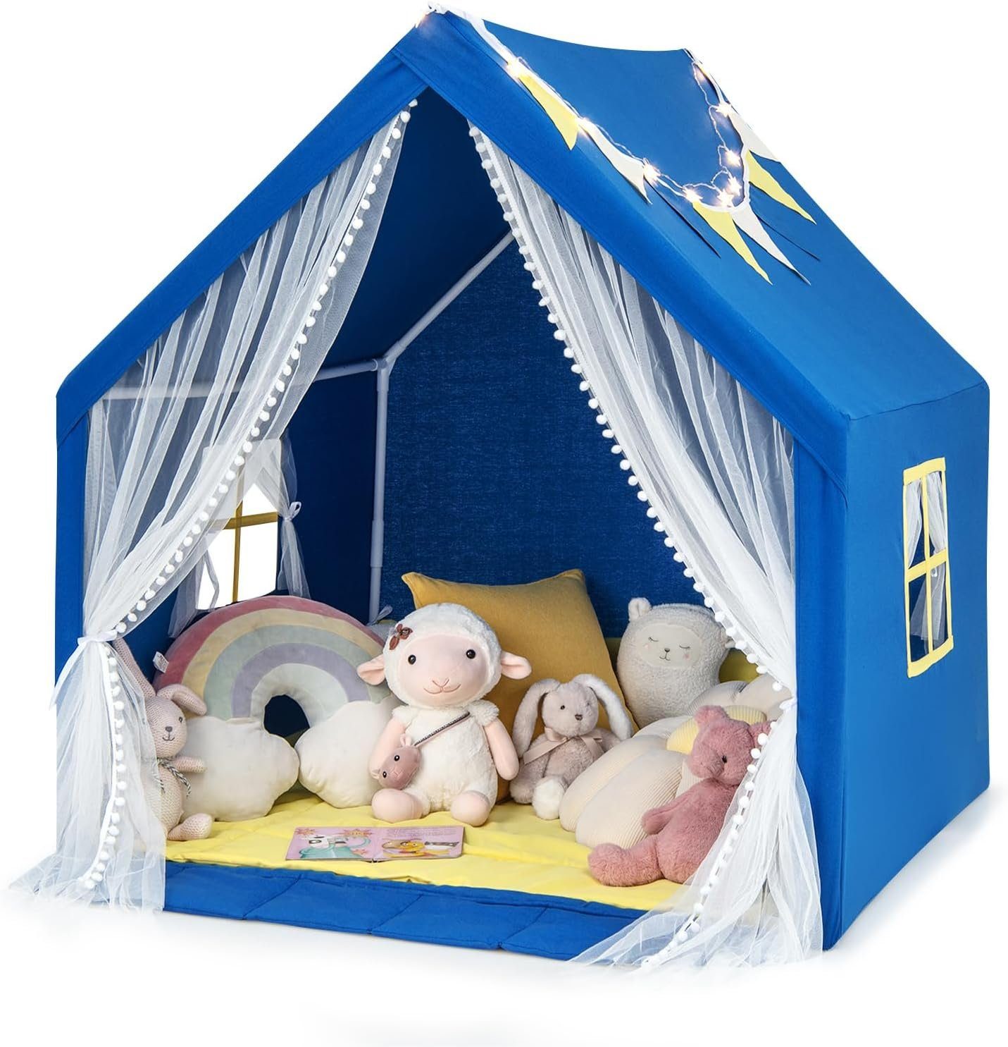 KOMFOTTEU Spielzelt Kinderzelt mit Matte, Sternlichtern, Fenster & Gazevorhang, 122 ×105 ×125 cm