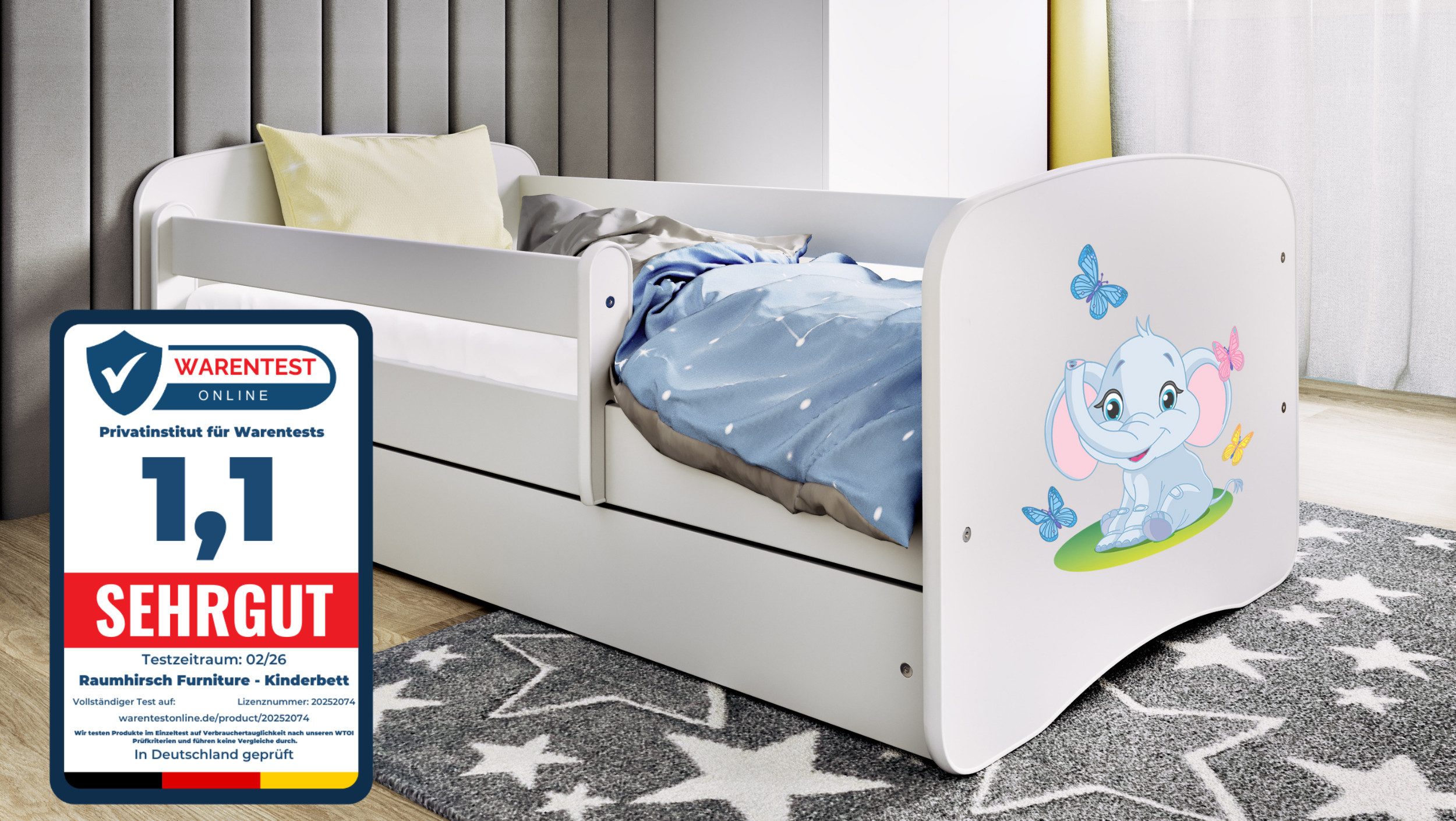Raumhirsch Furniture Kinderbett 70x140, 80x160, 80x180 cm - Komplettset mit Schublade (Bett für Mädchen, Einzelbett Kinder 2–12, mit Rausfallschutz & Lattenrost), verschiedene Farben & Designs