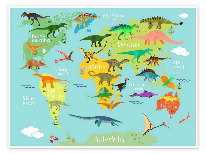 Posterlounge Poster Kidz Collection, Weltkarte der Dinosaurier (dänisch), Kinderzimmer Kindermotive