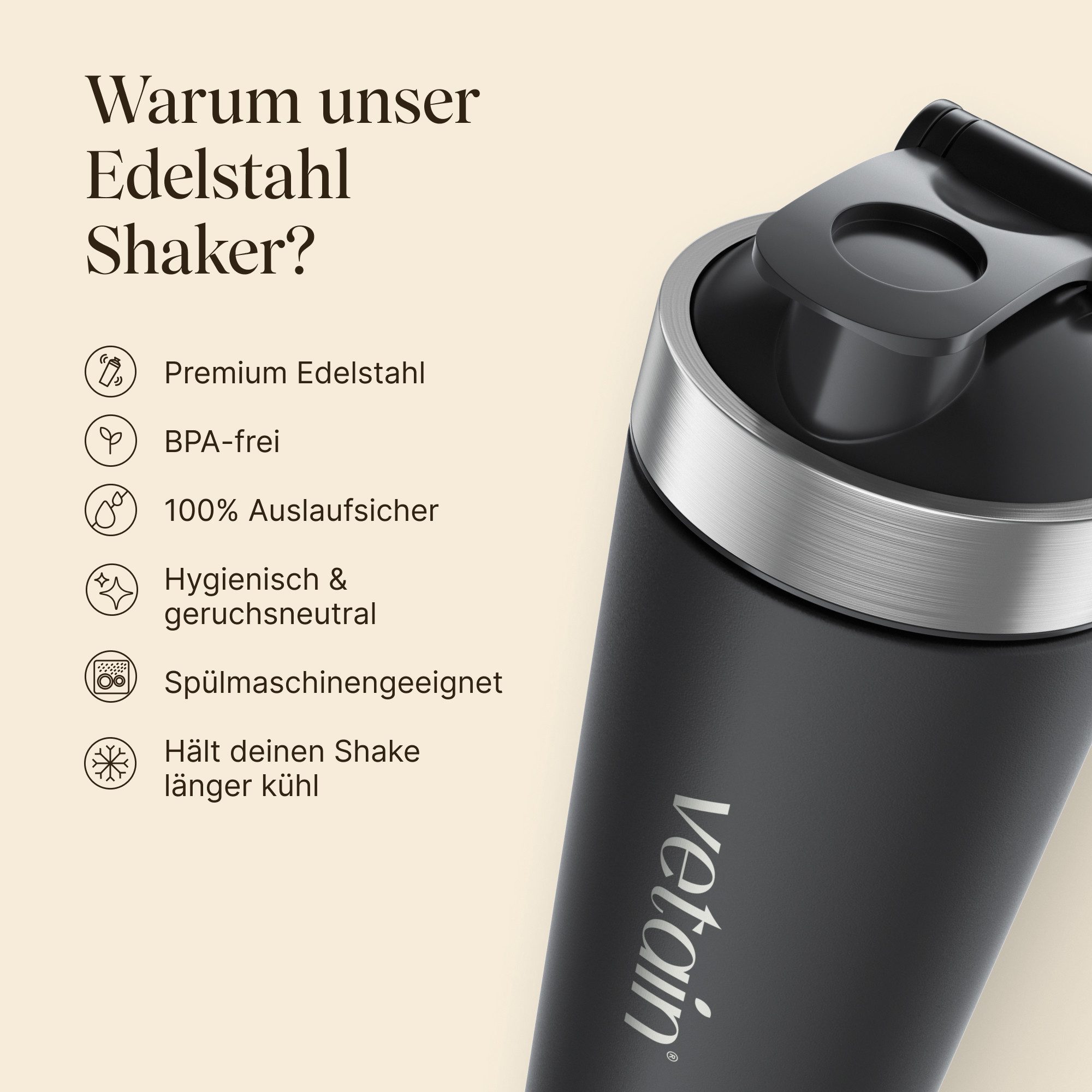 VETAIN Protein Shaker Edelstahl 700ml - 100% Auslaufsicher, Außen gravierte Messskala - Frei von BPA & DEHP - Spülmaschinenfest