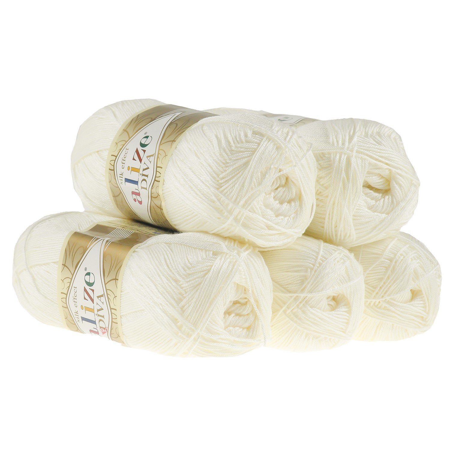 Alize 5 x 100g Strickgarn ALIZE DIVA - Häkelgarn Sommerwolle Häkelwolle, 350 m, 450 perlweiß