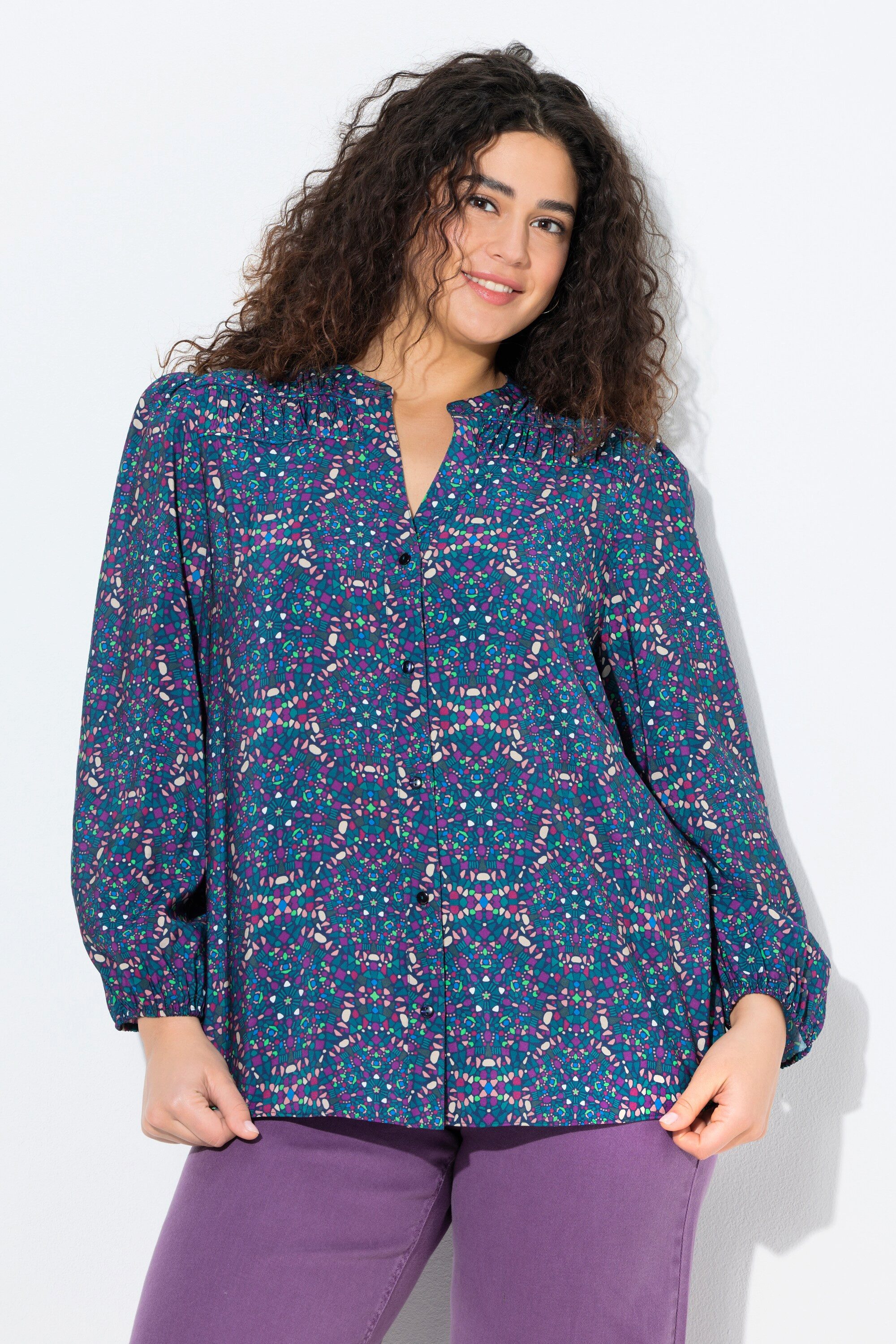 Longbluse Bluse Zierpasse A-Linie Tunika-Ausschnitt Langarm