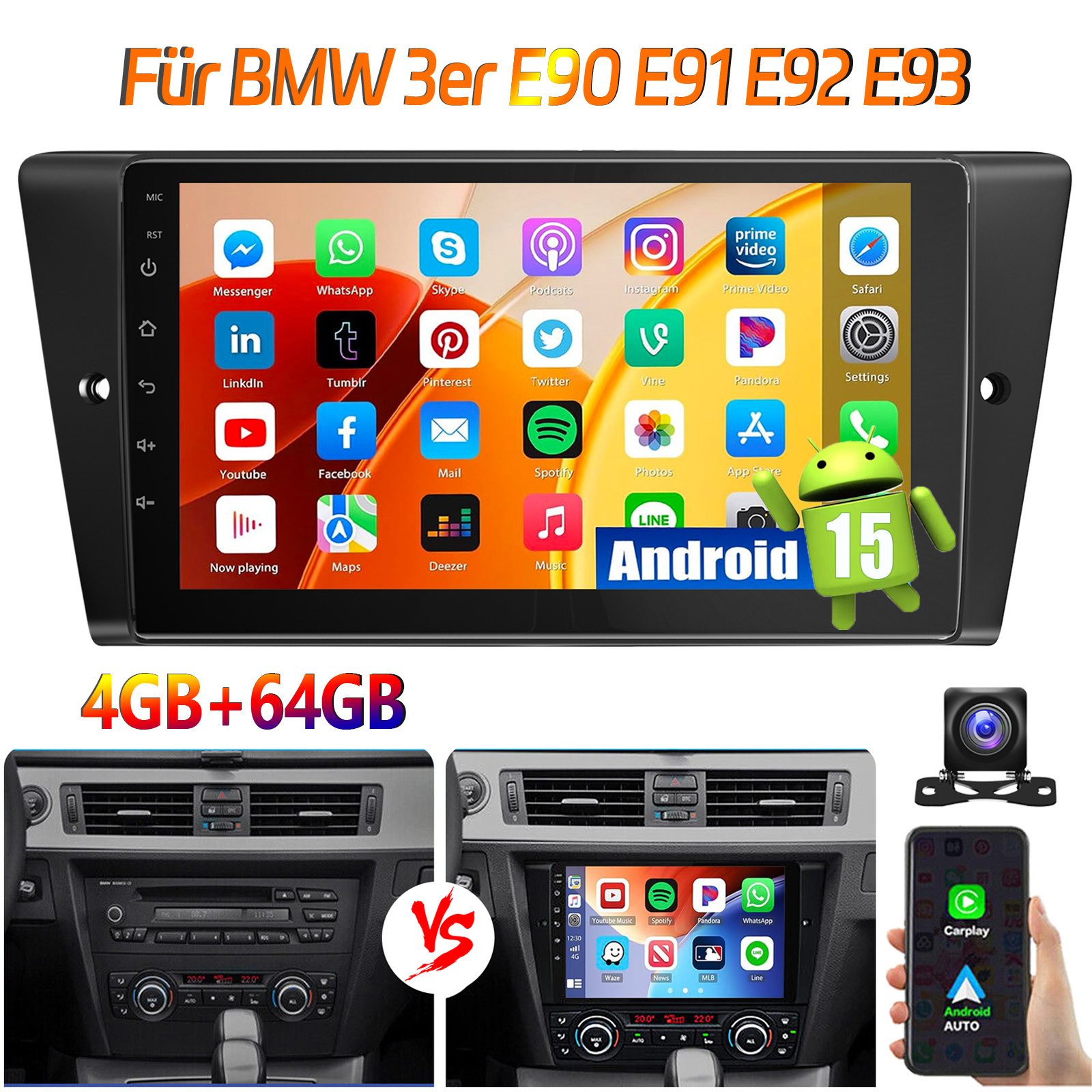 ESSGOO DAB+ Für BMW 3er E90 E91 E92 E93 9'' Carplay Android15 GPS WIFI BT Autoradio (RDS, 4+64GB(optional), DAB (optional), FM, AM, DAB+ (optional), Carplay Android Auto Bluetooth EQ USB GPS Navi WIFI Touchscreen)