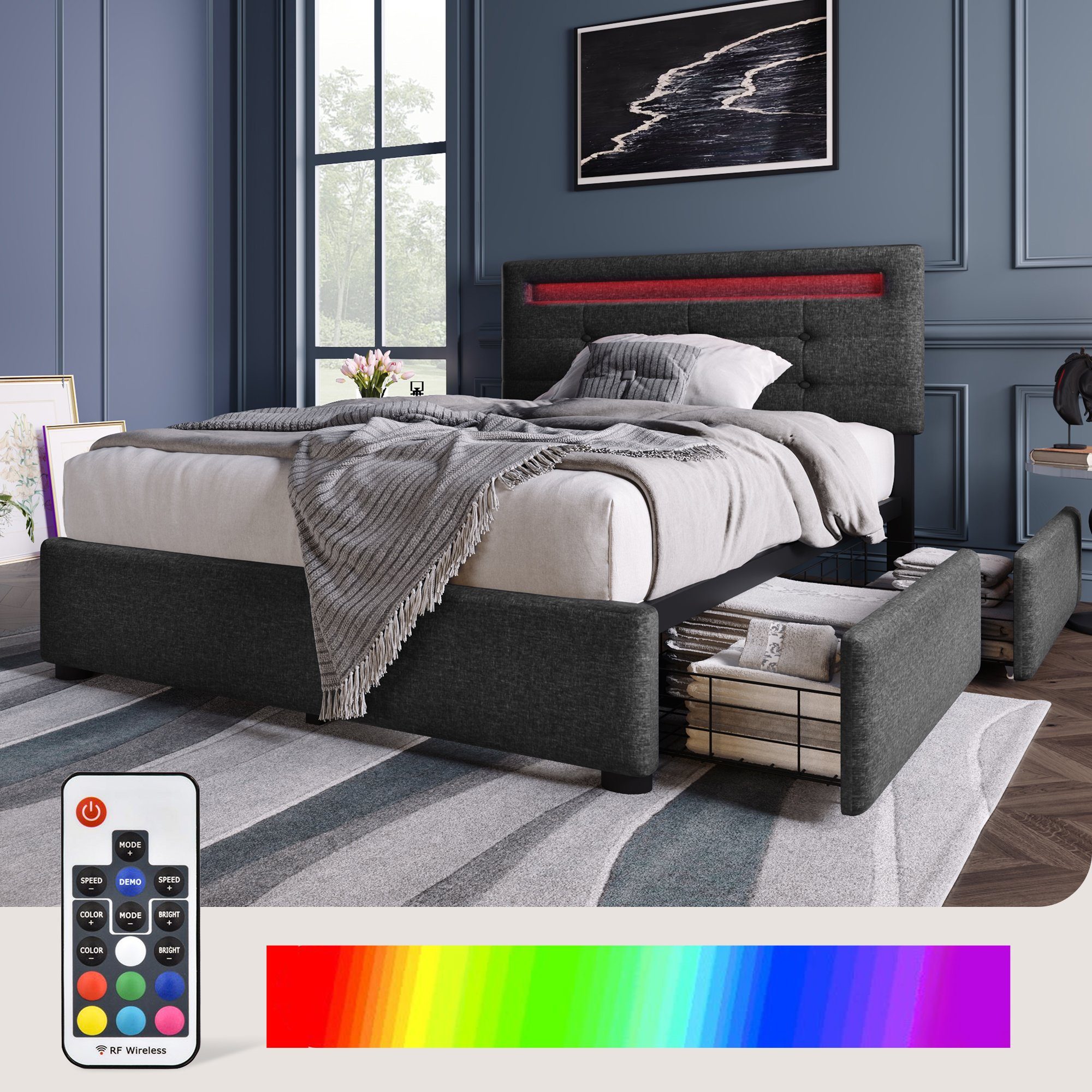 BlingBin Einzelbett Polsterbett Höhenverstellbarem Kopfteil 90x200cm günstig online kaufen
