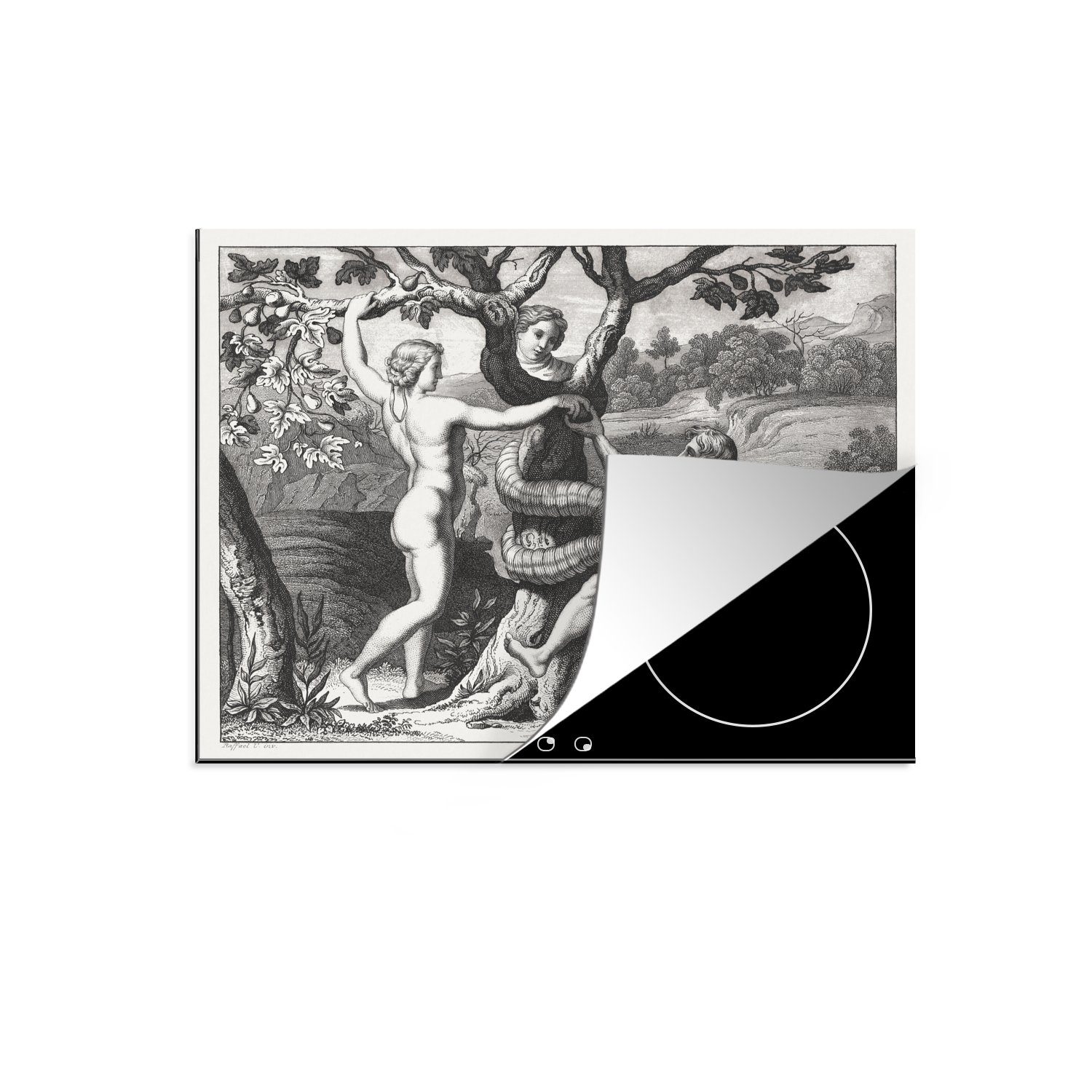 MuchoWow Herdblende-/Abdeckplatte Mythische Veranschaulichung des Untergangs von Adam und Eva, Vinyl, (1 tlg), 60x52 cm, Mobile Arbeitsfläche nutzbar, Ceranfeldabdeckung