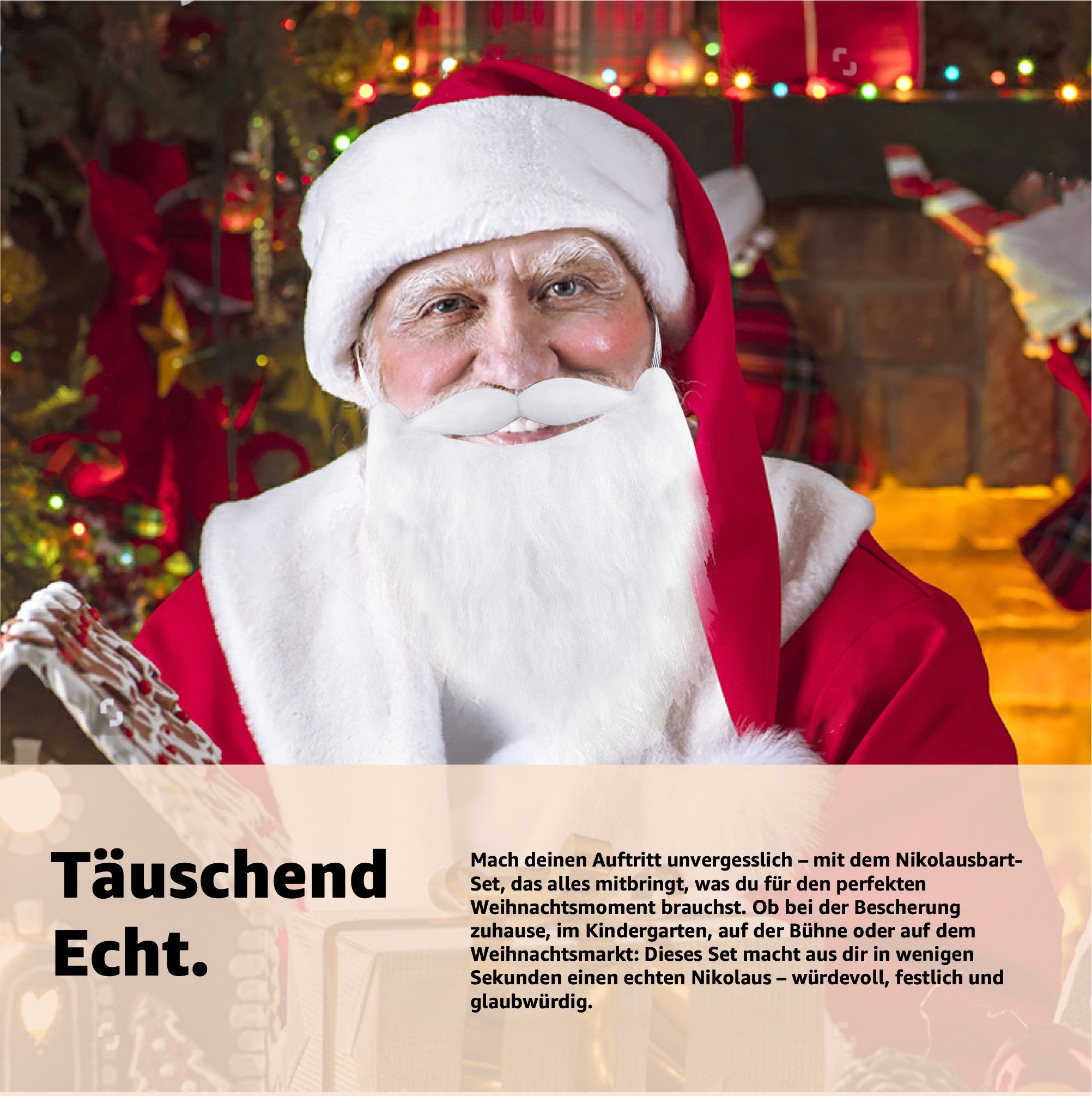 happymas Kostüm-Perücke 6x Nikolausbart - Weihnachtsmannbart - als Santa Claus Nikolauskostüm, Komfortable Passform