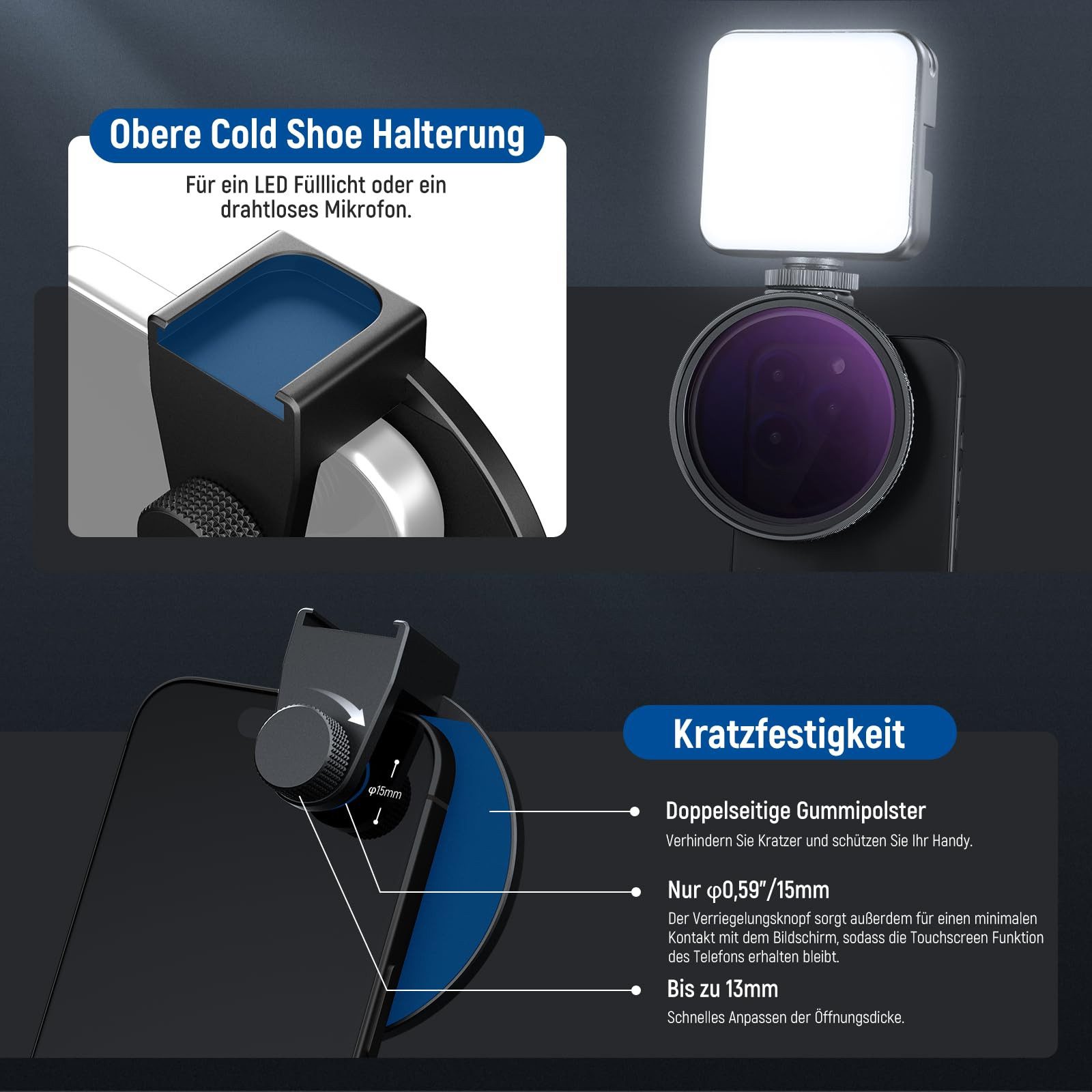 Neewer NW SERIES S 67mm ND2-ND32 Filter Set für iPhone & Galaxy Smartphones Graufilter (Belichtungssteuerung mit variablem ND-Filter, mit Kaltschuh)