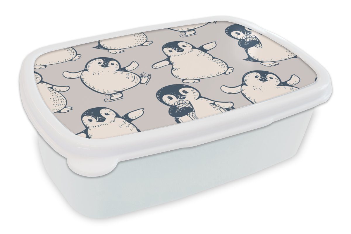 MuchoWow Lunchbox Muster - Pinguin - Eis, Kunststoff, (2-tlg), Brotbox für Kinder und Erwachsene, Brotdose, für Jungs und Mädchen weiß