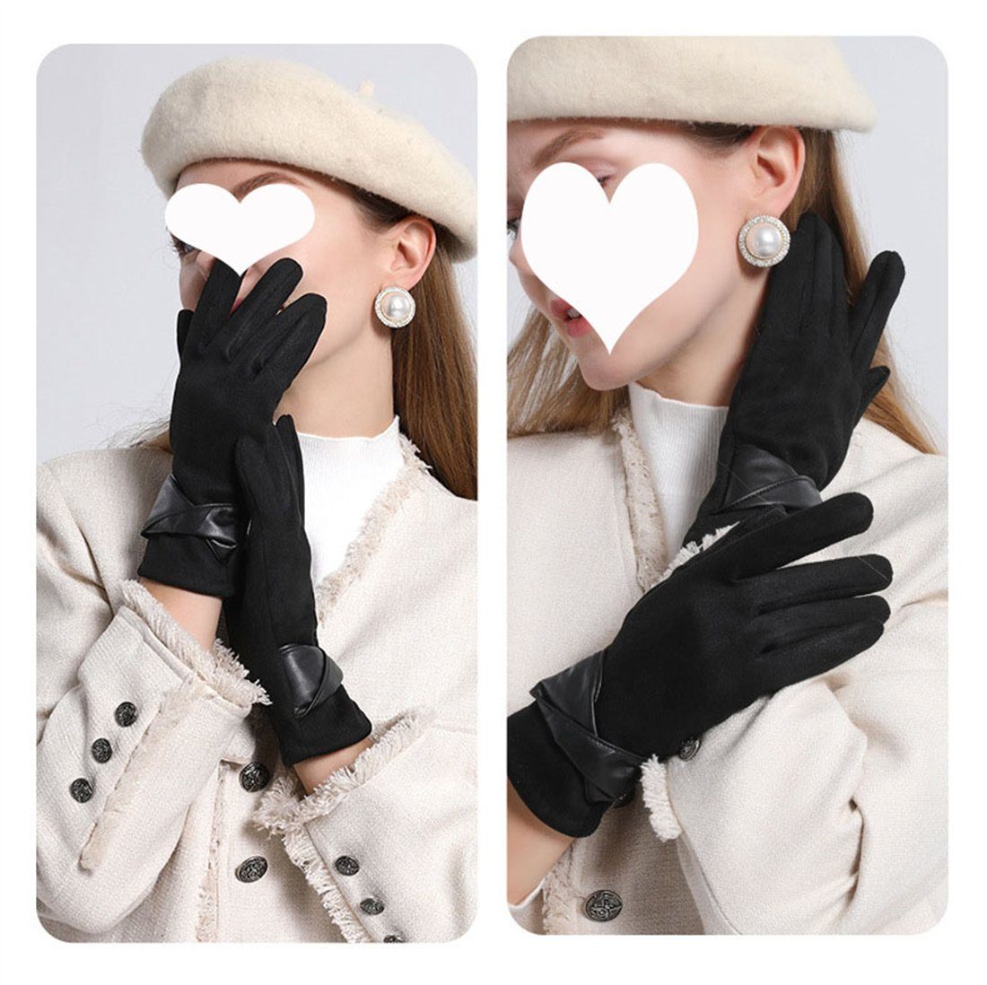 Damenhandschuhe, mit Handschuhe DÖRÖY warme Schwarz Fleecehandschuhe Gepolsterte berührbarer Schleife