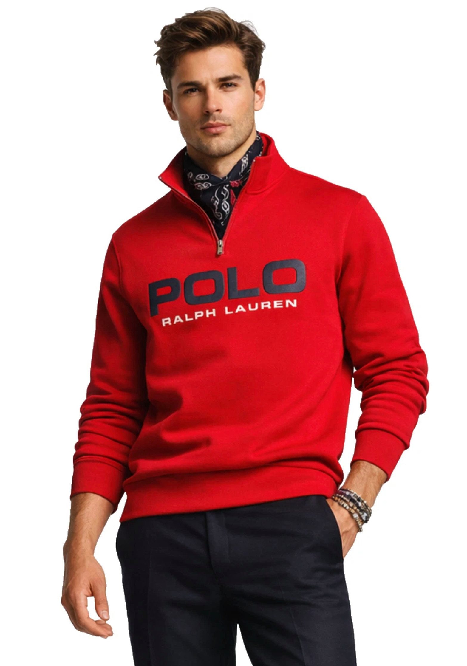 Polo Ralph Lauren Troyer Herren Archiv-Logo Double Knit Sweatshirt Retro Mock Pullover 90er Jahre Archiv-Logo Retro College Oldschool
