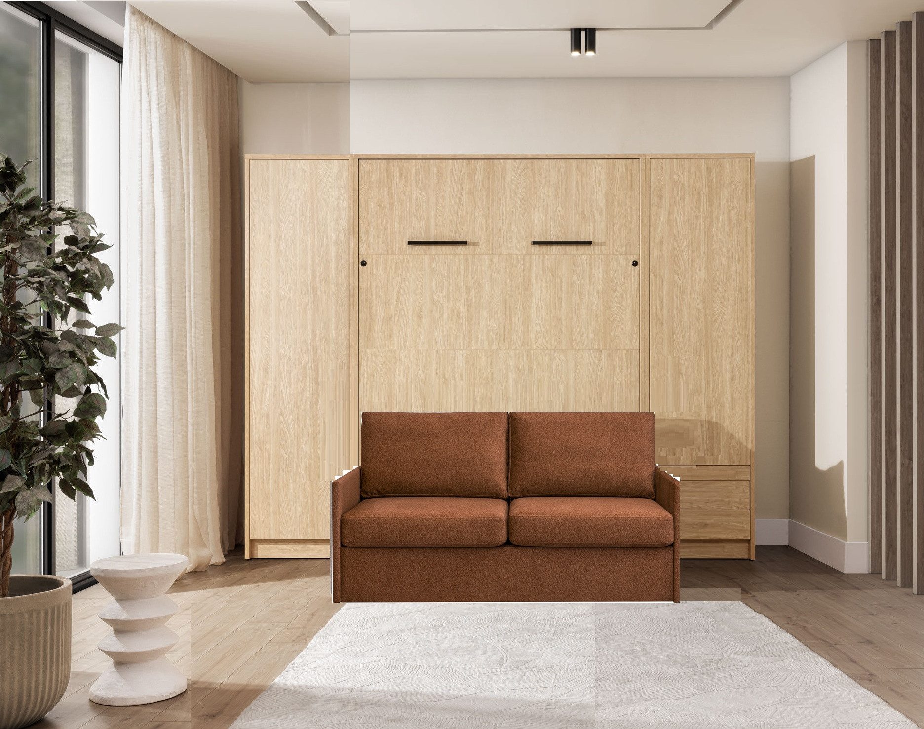 QMM TraumMöbel Schrankbett Wandbett GN 140x200 eiche geölt mit LED, 2 Schränken und Sofa (Set, 4-St., Schrankbett vertikal 140x200 mit Sofa und 2 Schränken) vertikal klappbar, mit LED-Beleuchtung mit Fernbedienung