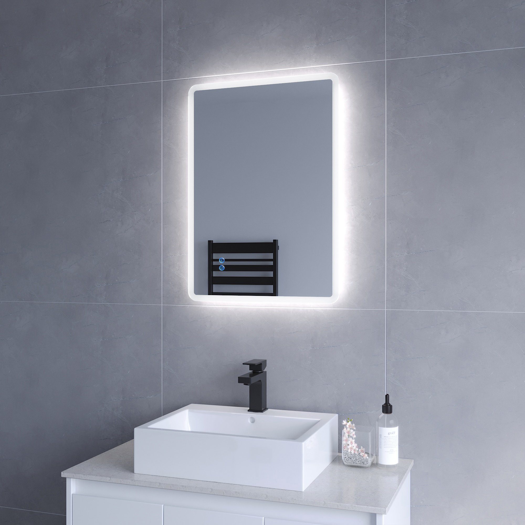 AQUABATOS Badspiegel LED Badspiegel mit Beleuchtung Lichtspiegel 80x60cm 70x50cm (Badezimmerspiegel Bad Spiegel Led Badezimmerbeleuchtung Spiegel Led Touch Wandspiegel Silber mit Rahmen Kaltweiß 6400k, Abgerundete Ecken, Dimmbar, Beschlagfrei), Umweltschutz und Energiesparend, IP44, Touch-Funktion