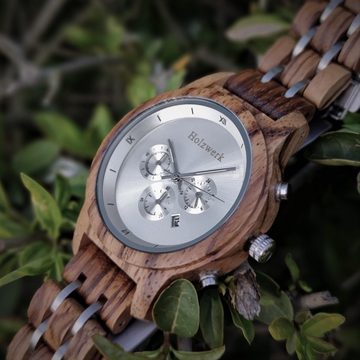 Holzwerk Chronograph BEXBACH Damen & Herren Holz Armband Uhr mit Datum in braun, silber