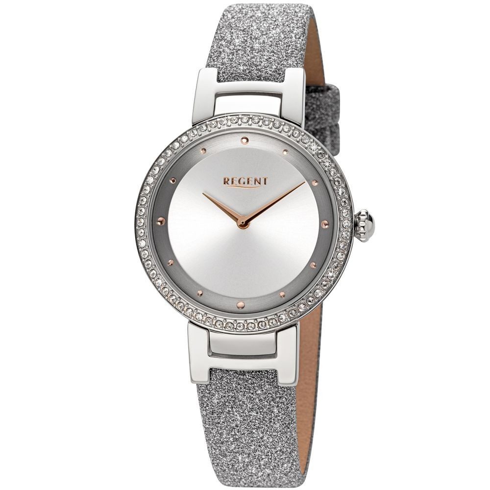 Regent Quarzuhr REGENT Damen Armbanduhr BA-798 bicolor D. 33 mm Glitzer-Lederband