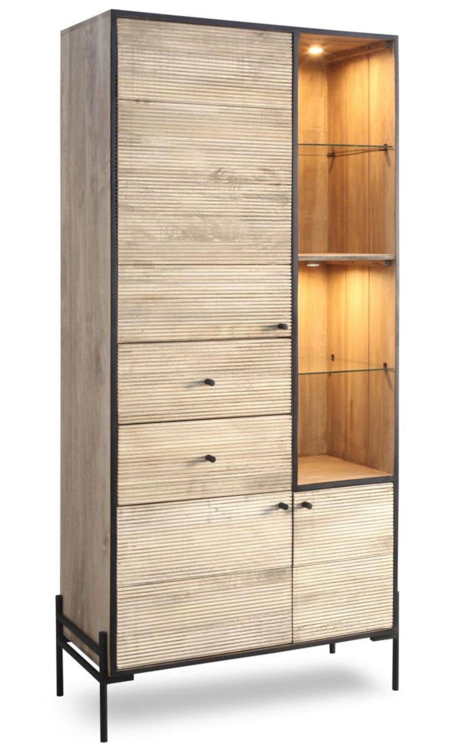 WOLF MÖBEL Vitrine REEL Schrank 2 Schubl./3 Türen /1 Ablage/2 Glasb./Licht (88 x 40 x 195)
