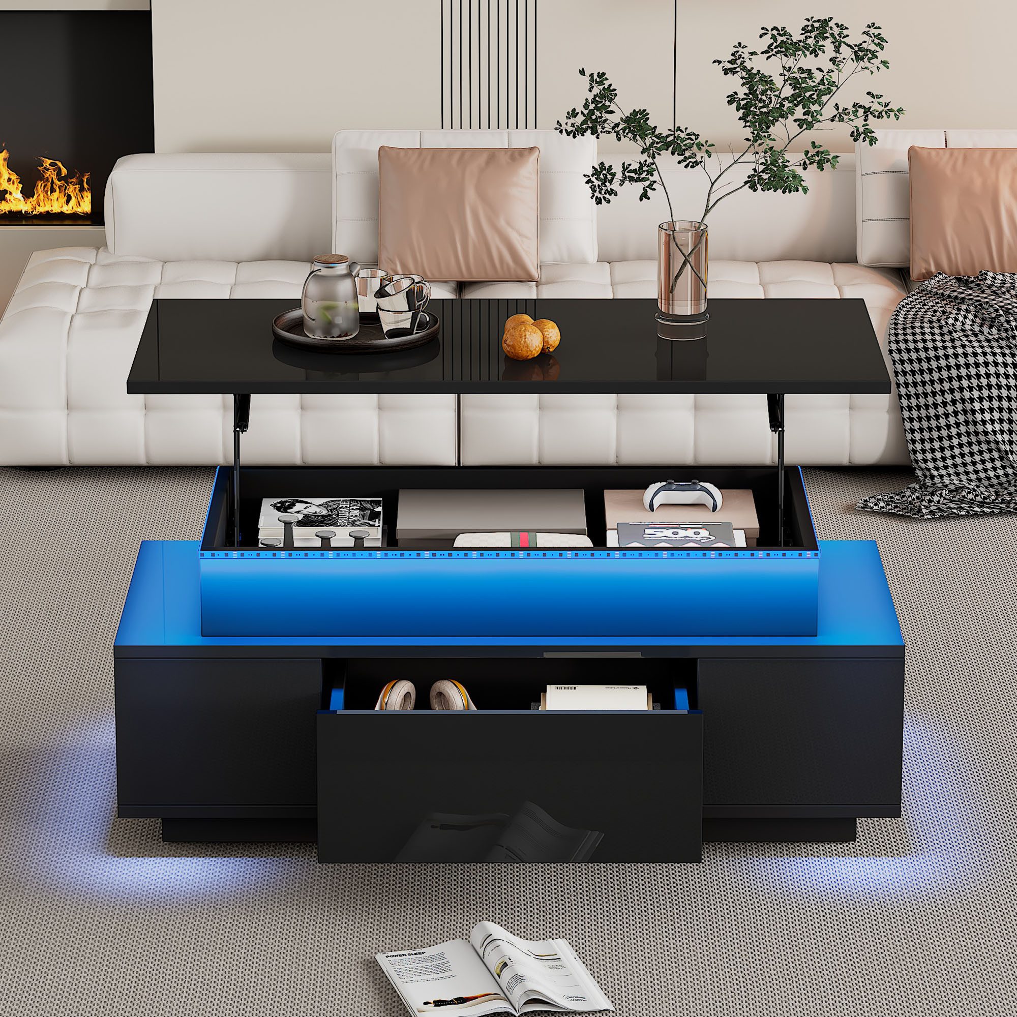 Merax Couchtisch höhenverstellbar Sofatisch Beistelltisch mit LED-Beleuchtung (1-St., Kaffeetisch 96x45x40cm), Lift-Top Wohnzimmertisch mit Schublade,Stauraum & – Bild 3 von 5