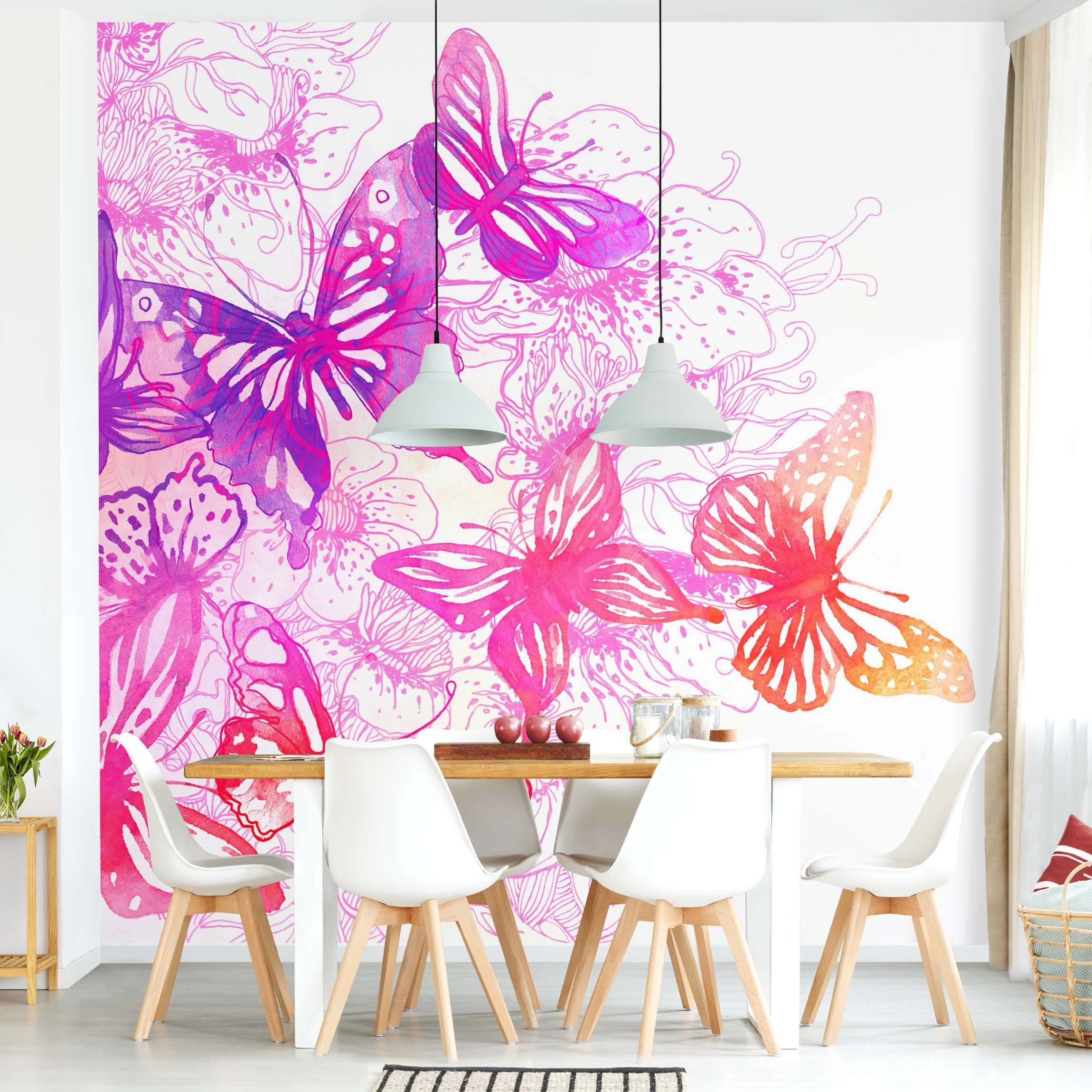 Bilderdepot24 Fototapete Tiere Schmetterlinge Aquarell Illustration Rosa Lila Floral Wanddeko, Glatt, Matt, (Vliestapete inkl. Kleister oder selbstklebend), Wohnzimmer Schlafzimmer Küche Flur Motivtapete Vliestapete Wandtapete
