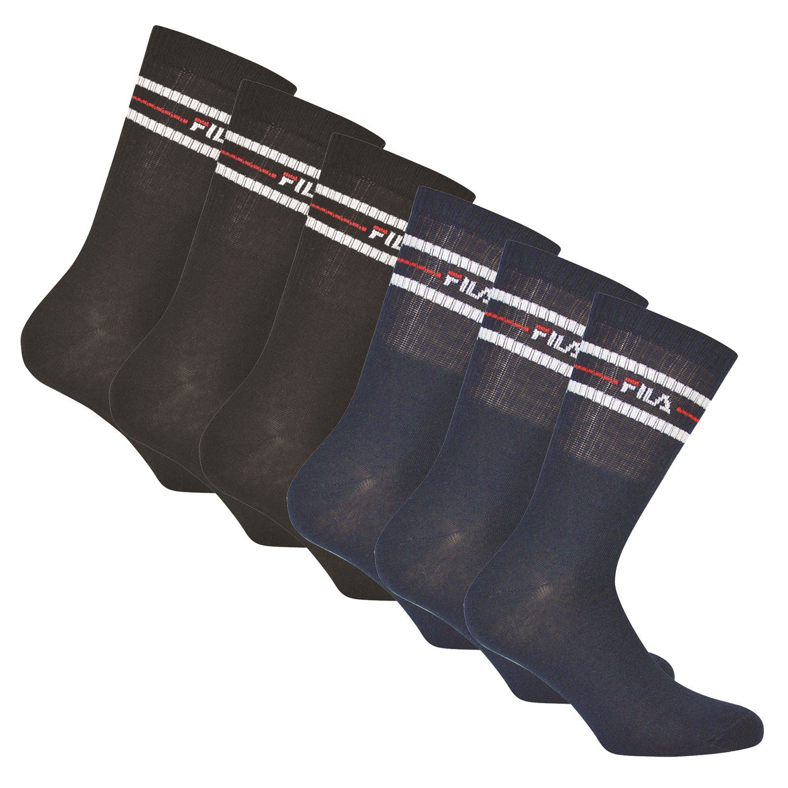 Fila Sportsocken Unisex Socken, 6er Schwarz/Blau Pack Crew - Strümpfe Socks