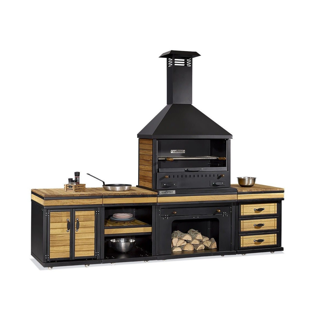Xlmoebel Outdoor-Küche Moderne Außenküche aus Holz und Edelstahl in Schwarz, Made in Europa