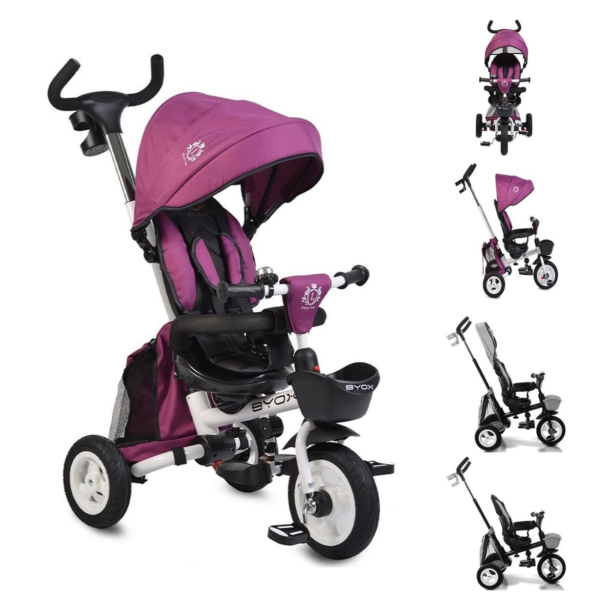 Byox Dreirad Flexy Lux 3 in 1, Gummireifen, 360° drehbarer Sitz, Sonnendach, Getränkehalter
