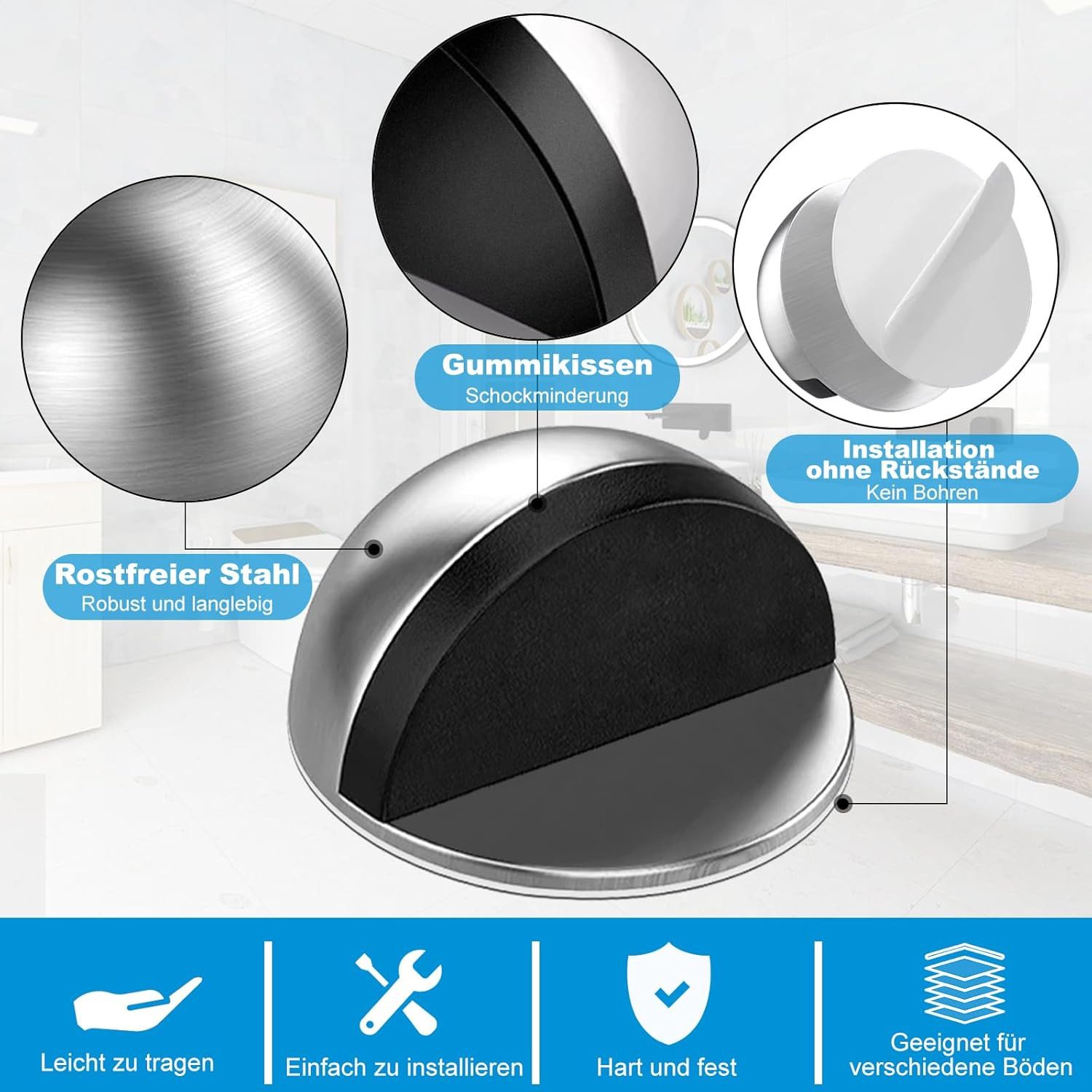 BlingBin Bodentürstopper 4 Stück Edelstahl Türstopper Boden Selbstklebend mit Gummipuffern (4er Set, 4 St., 4pcs), Türstopper Boden Kleben mit 3M Magnet Klebepads zum Schutz von Türen