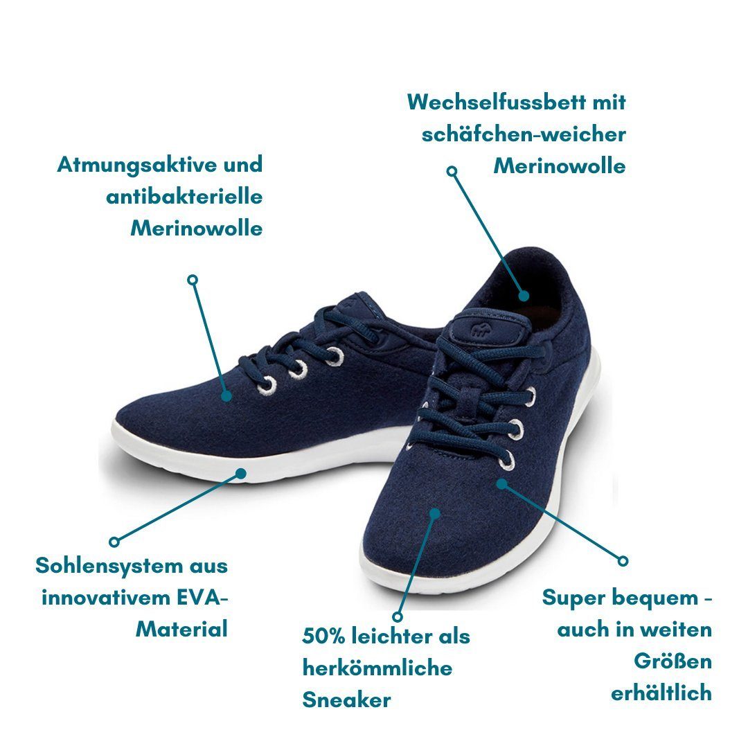 Damen Weit Merinowolle, weicher Sneaker merinos Lace- - dunkelblau-weiß Schuhe Sportschuhe dunkelblaue Bequeme Extra atmungsaktive aus merinoshoes.de Up,