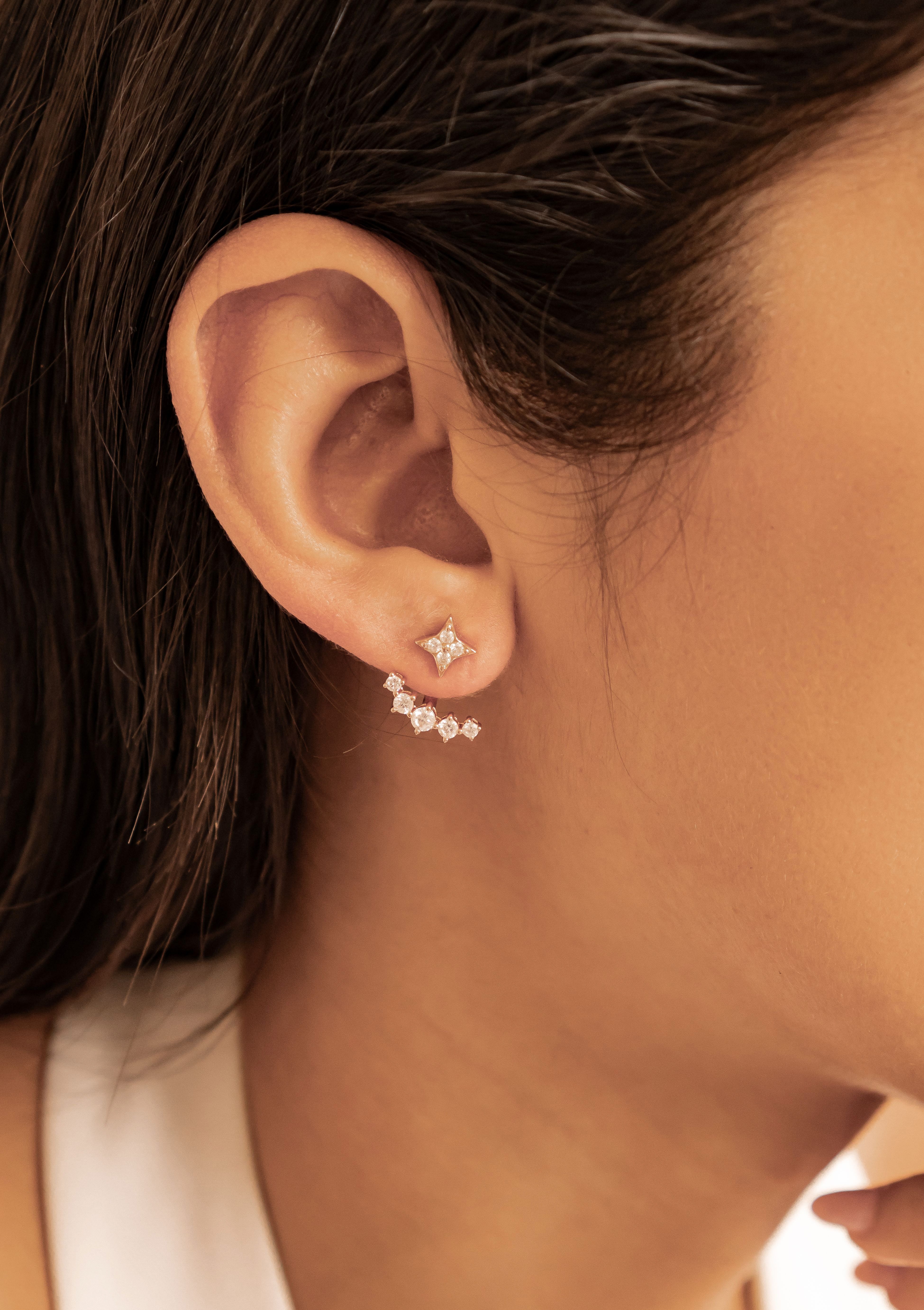 Hey Happiness Paar Ohrhänger Cosmic Kristall Stern, Ear Jacket Ohrringe Silber 925 für Damen, vergoldet