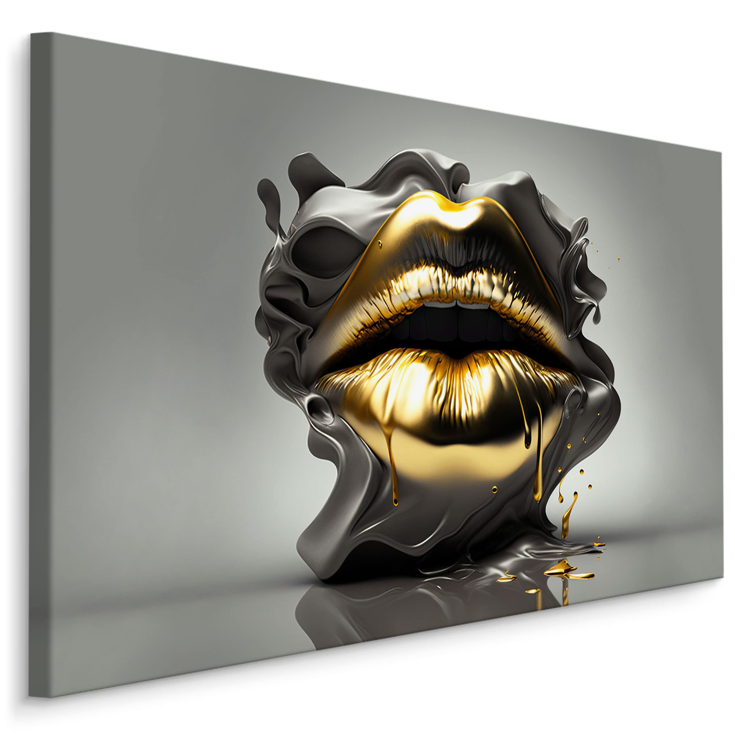Muralo Leinwandbild Menschen – Leinwandbild Wandbild Kunstdruck Wohnzimmer, Frau (1 St), Goldene Abstrakte Mund – Lippen – 3D, 30 x 20 cm, aufhängefertig