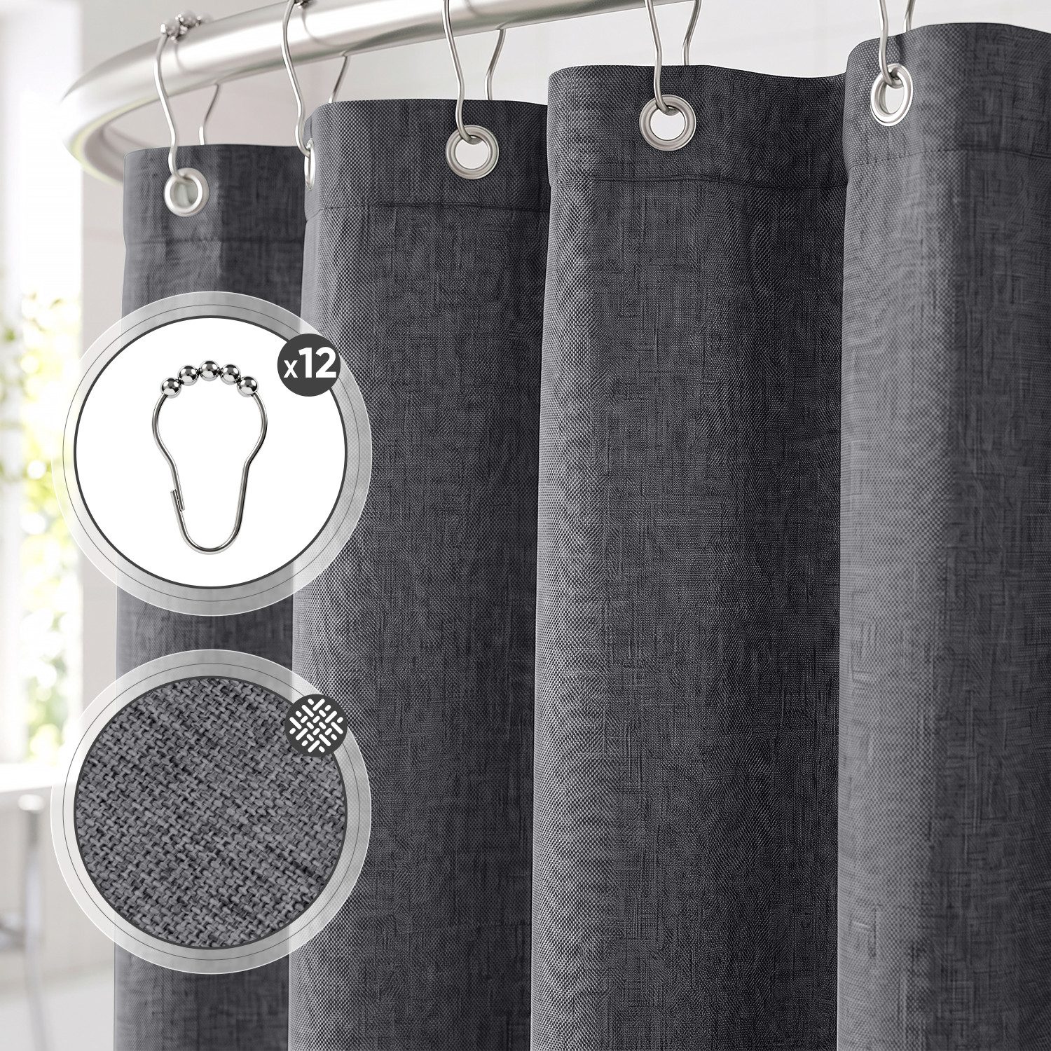 Sekey Duschvorhang Textil Duschvorhang Wannenvorhang Waschbar wasserabweisend mit Ringe Breite 180 cm (Packung, inkl. 12 Ringe), Badewannenvorh, 100% Polyester, – Bild 2 von 5
