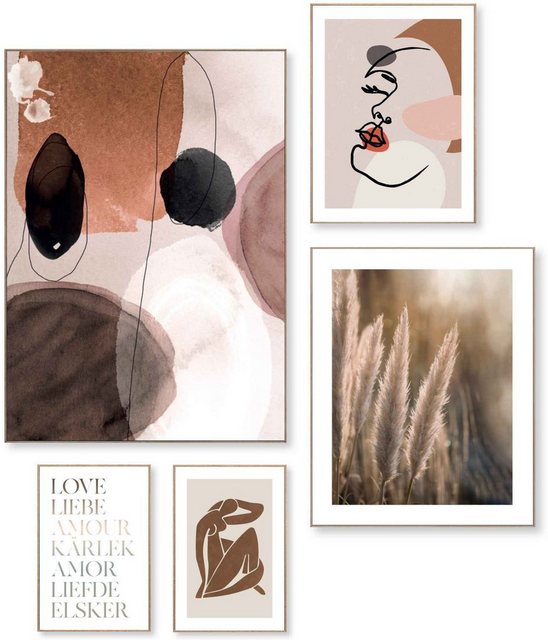 Reinders! Wandbild »Love match Abstrakte Formen - Linienzeichnung - Vrouw - Erdfarben - Liebe«, (5 Stück)-Otto