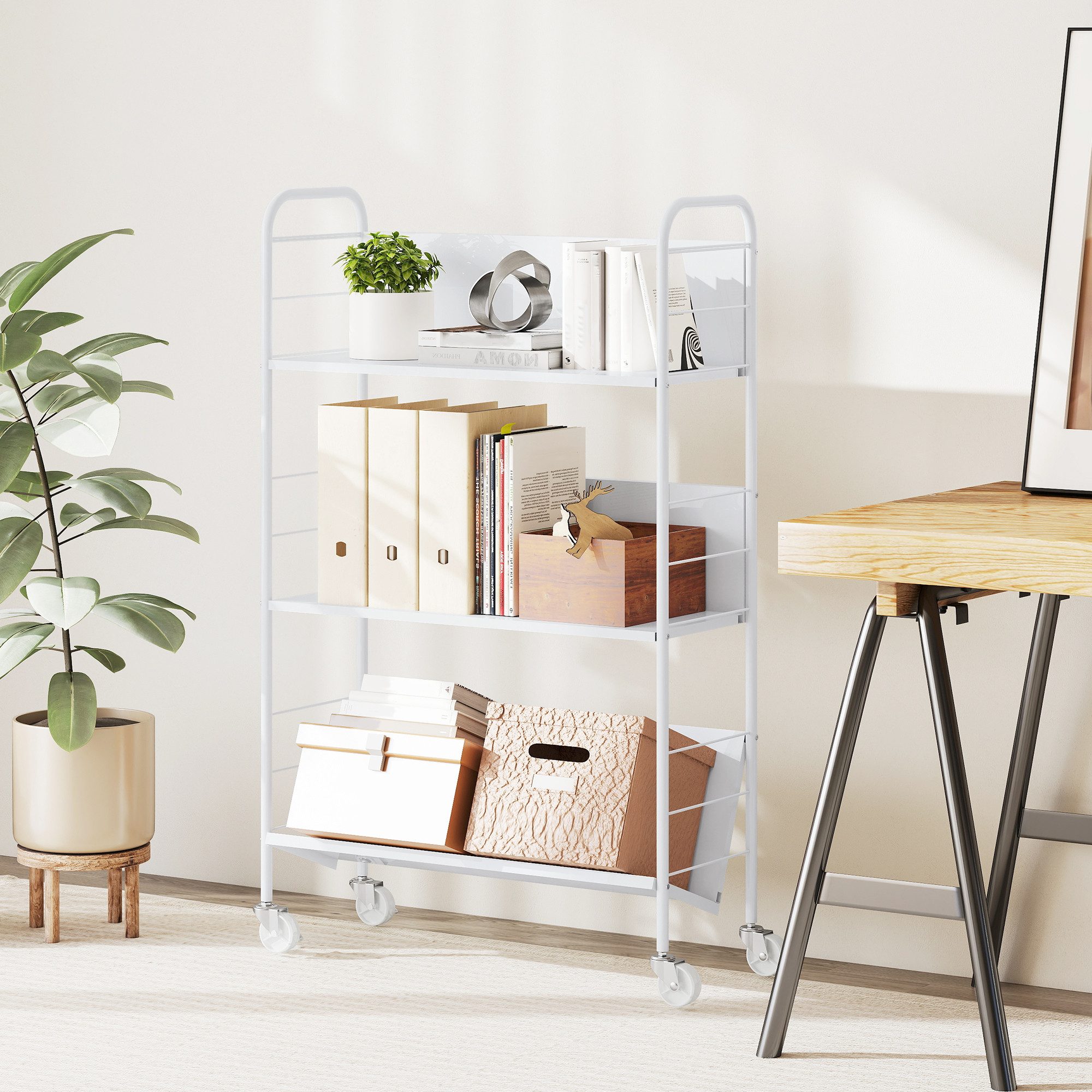 HOMCOM Bücherregal mit 3 Ebenen, Rädern, Mobiles Aufbewahrungsregal 1-tlg., für Schlafzimmer, 69 x 26 x 108 cm, Weiß