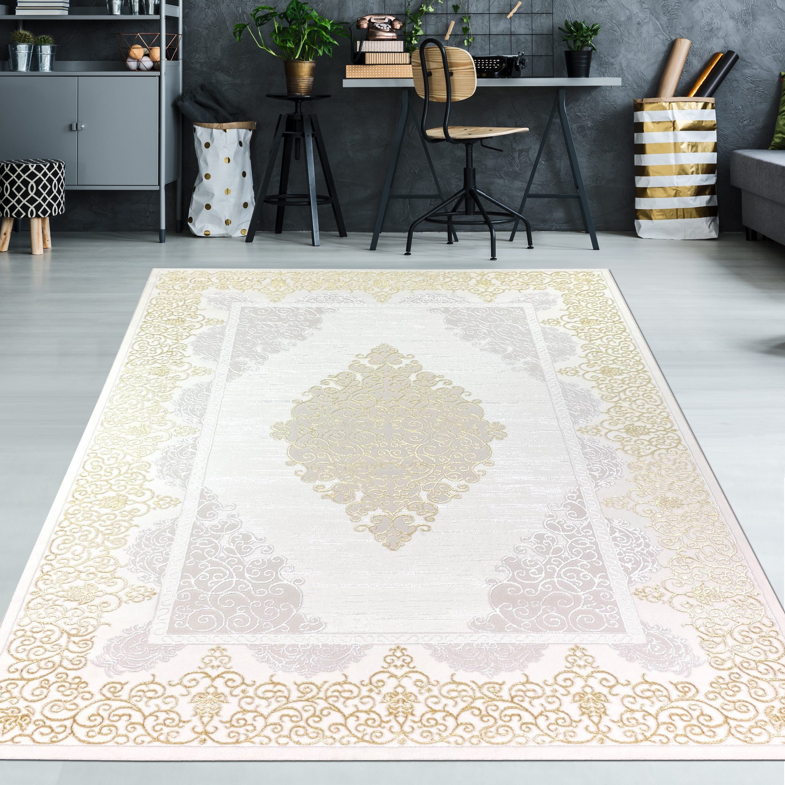 Teppich Designer Teppich mit Orientalischem Muster in weiß gold grau, TeppichHome24, rechteckig, Höhe: 8 mm