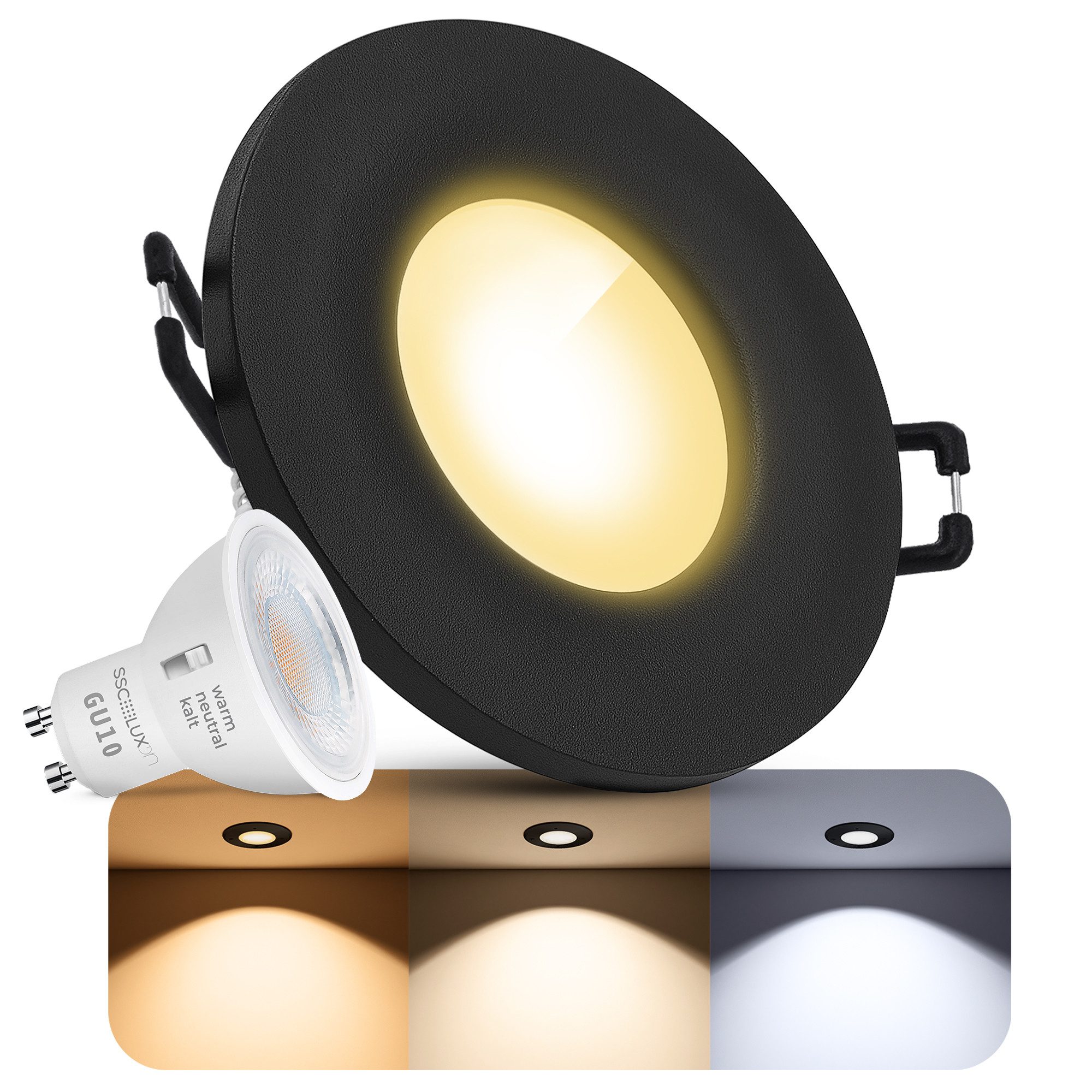 SSC-LUXon LED Außen-Deckenleuchte Einbauleuchte BEDA IP65 Schwarz 3in1 LumiFLEX LED GU10 Birne 6W Spot, Neutralweiß, Warmweiß, Tageslichtweiß