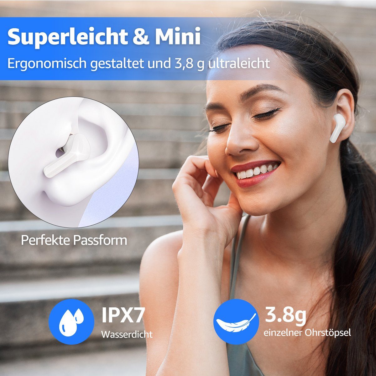 HiFi-Kopfhörer, IPX7 Bluetooth Kopfhörer 25 5.3 Wireless Wasserdicht Kopfhörer, MOOHO Stereo Ladebox) Kopfhörer wireless Anzeige In Earbuds (Kabellose LED Bluetooth Ear Weiß Std Sport-Kopfhörer Mini