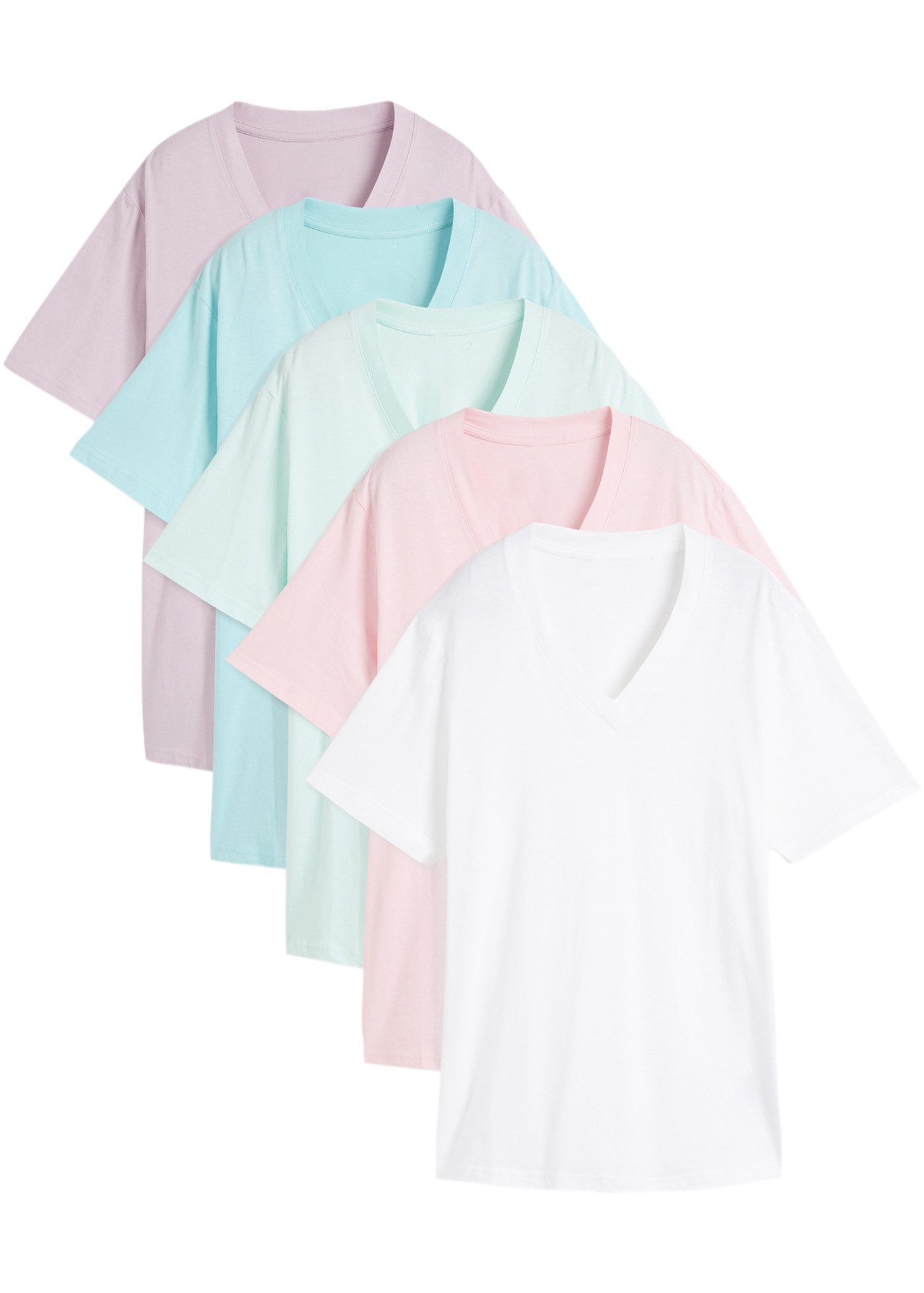 bonprix Longshirt (Packung, 5-tlg) lockere Passform, Kurzarm, mit V-Ausschnitt, unifarben