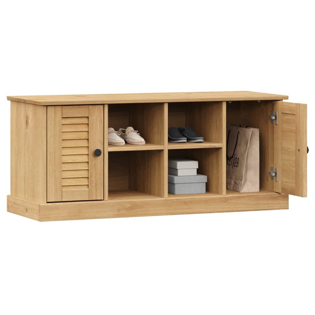 furnicato Schuhbank aus Massivholz, 106 x 35 x 45 cm, Kiefernholz, Sitzbank mit 4 Fächern, Türen und Stauraum für den Eingangsbereich