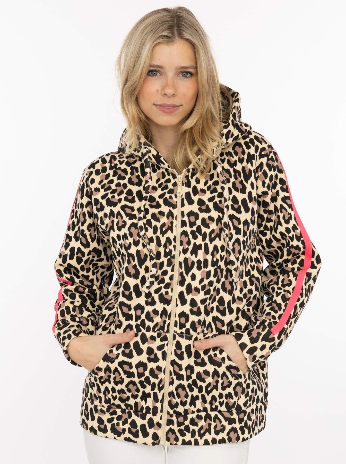 Zwillingsherz Kapuzensweatjacke "Leo" Leomuster, pinker Streifen am Arm, Kapuze mit Kordel, Tasche, Zipper
